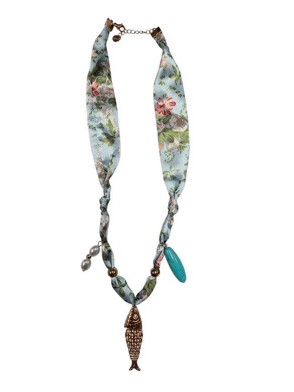 Gold Fish Floral Silk Scarf Necklace NC-2006