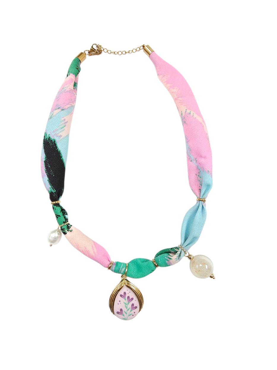 Flower Charm, Pink Geometric Silk Scarf Necklace NC-2030