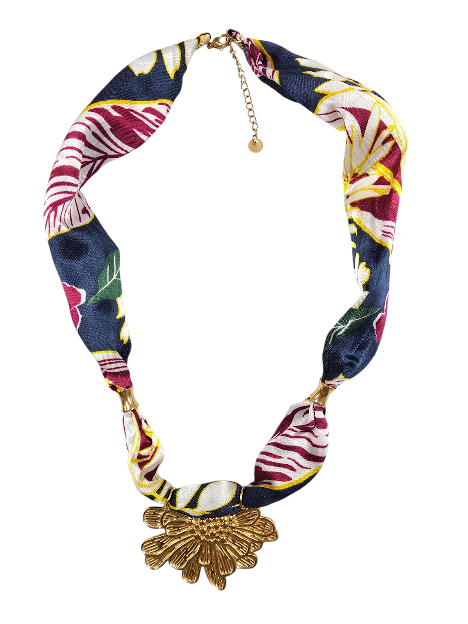 Flower Cluster Burgendy Silk Scarf Necklace NC-2026