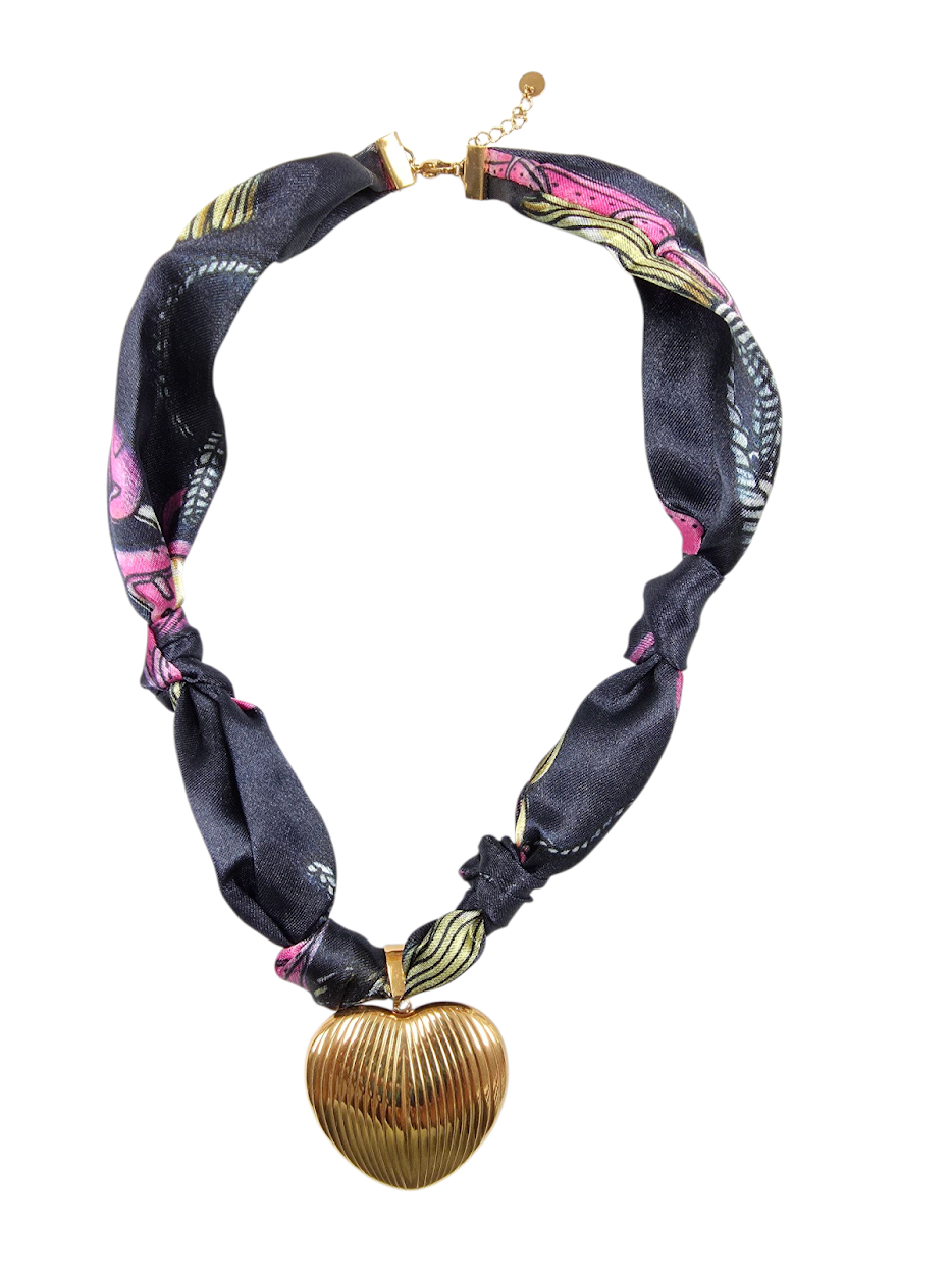Gold Heart Navy Floral Silk Scarf Necklace NC-2038