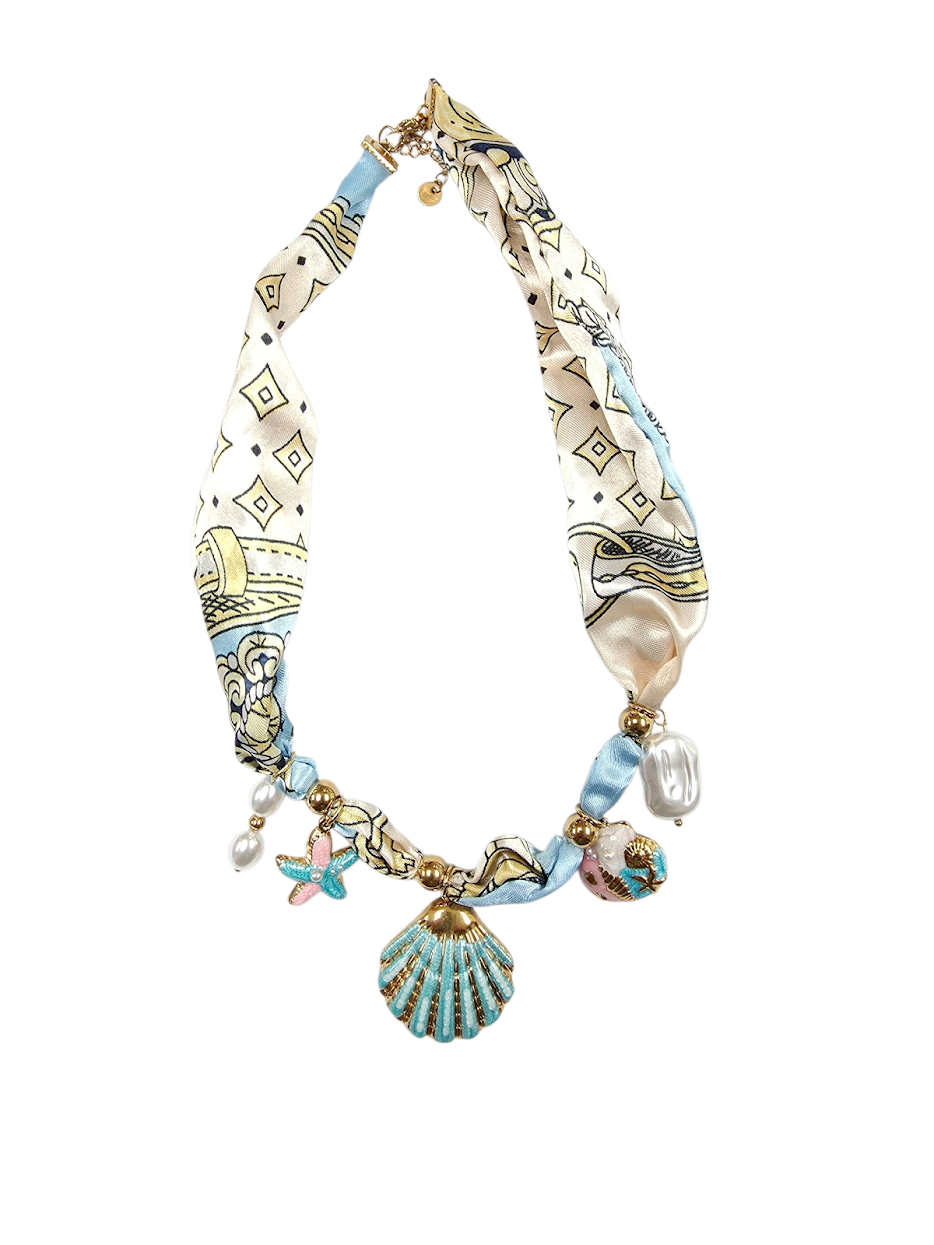Blue Seashell Charm Geometric Silk Scarf NC-2057