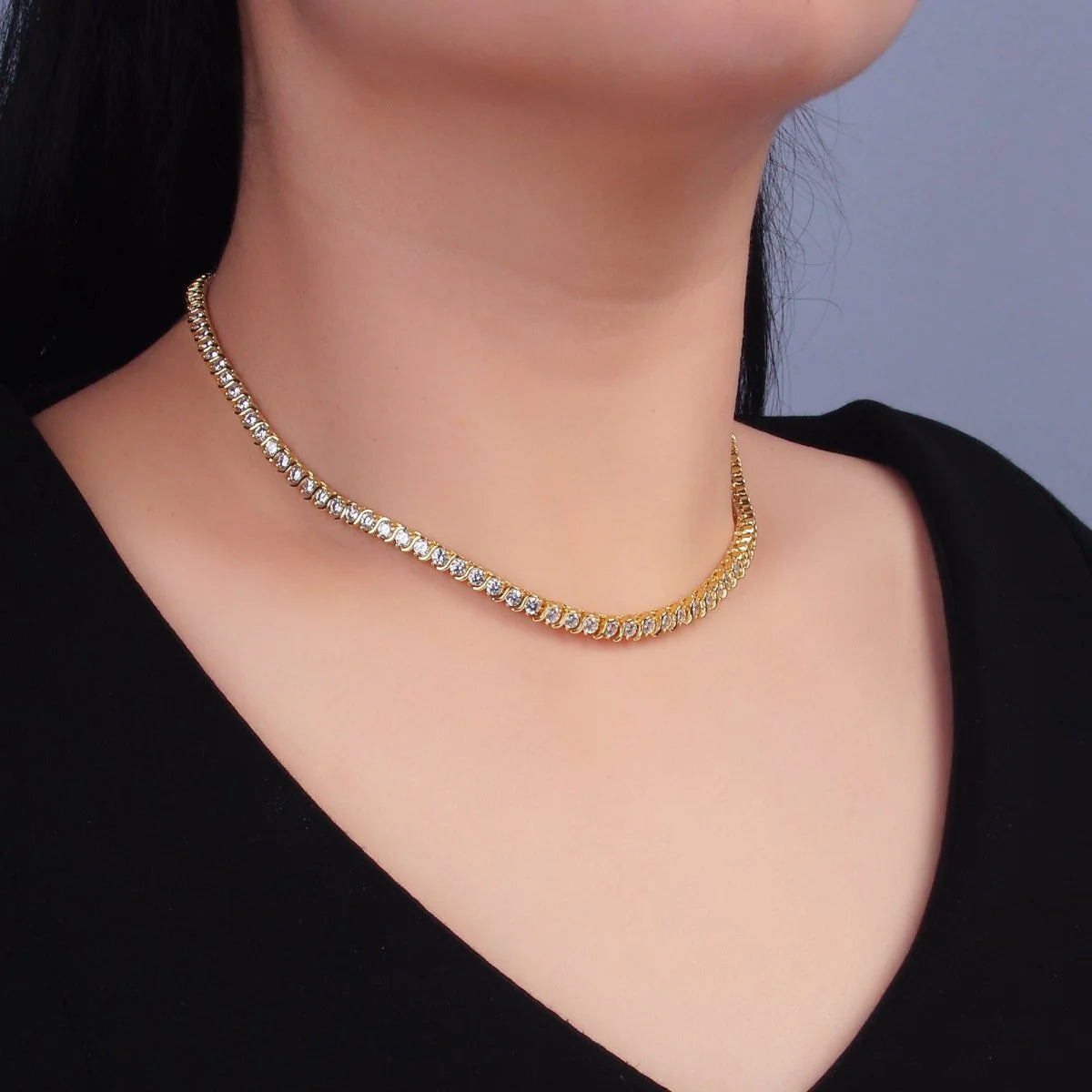 Curved S-Link Tennis Chain 16 Inch Necklace in Gold & Silver CN-21WA3028 CN-21WA3029