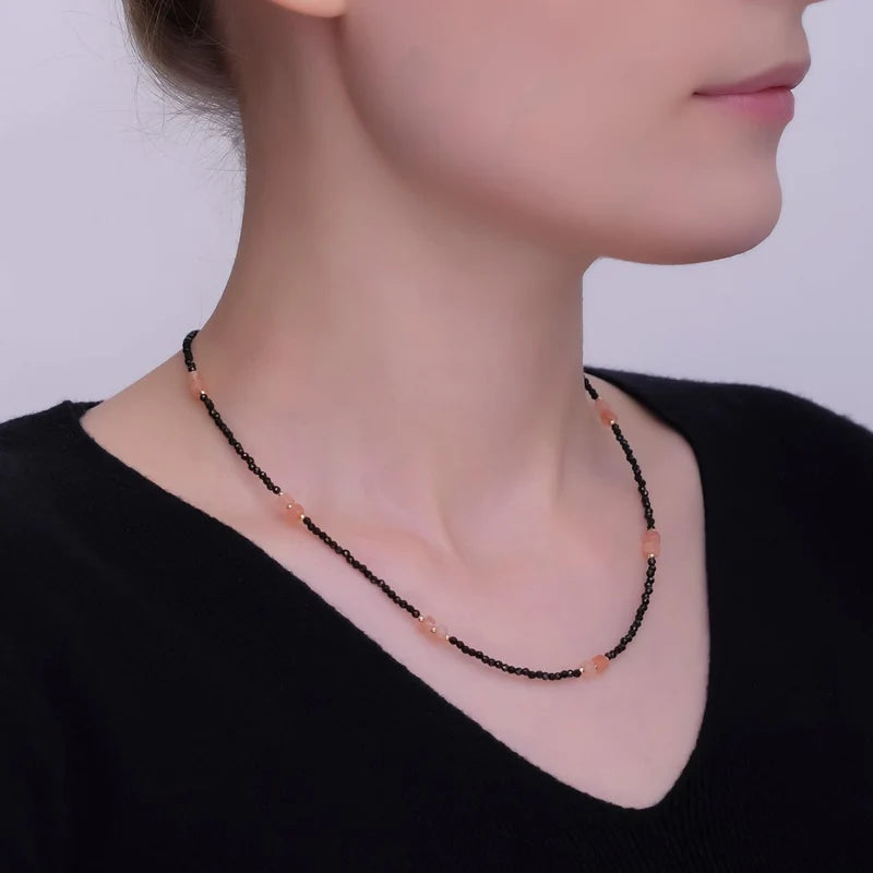 Pink Black Gemstone Bead 17 Inch Necklace CN-0093