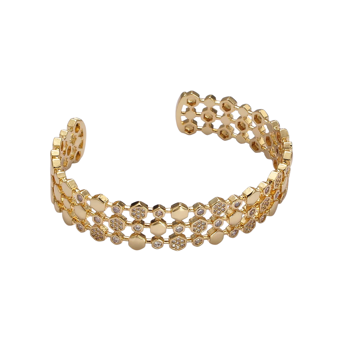 Gold Hexagonal Micro Paved CZ Triple Lined Cuff Bangle Bracelet in Gold & Silver ✦ BR-21WA1916 BR-21WA1917