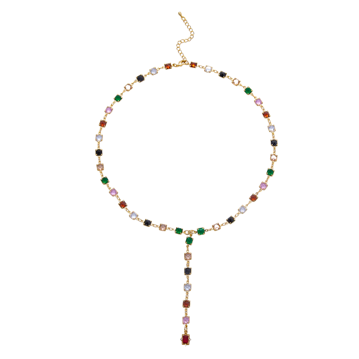 Multicolor Square CZ Gemstone Lariat 18 Inch Necklace W. Extender NC-21WA3940