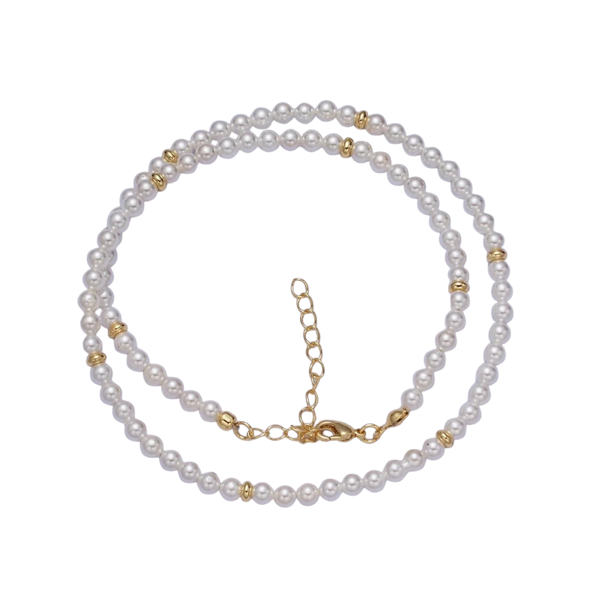 White Round Shell Pearl Gold Beaded 15.5 Choker Necklace NC-21WA1303
