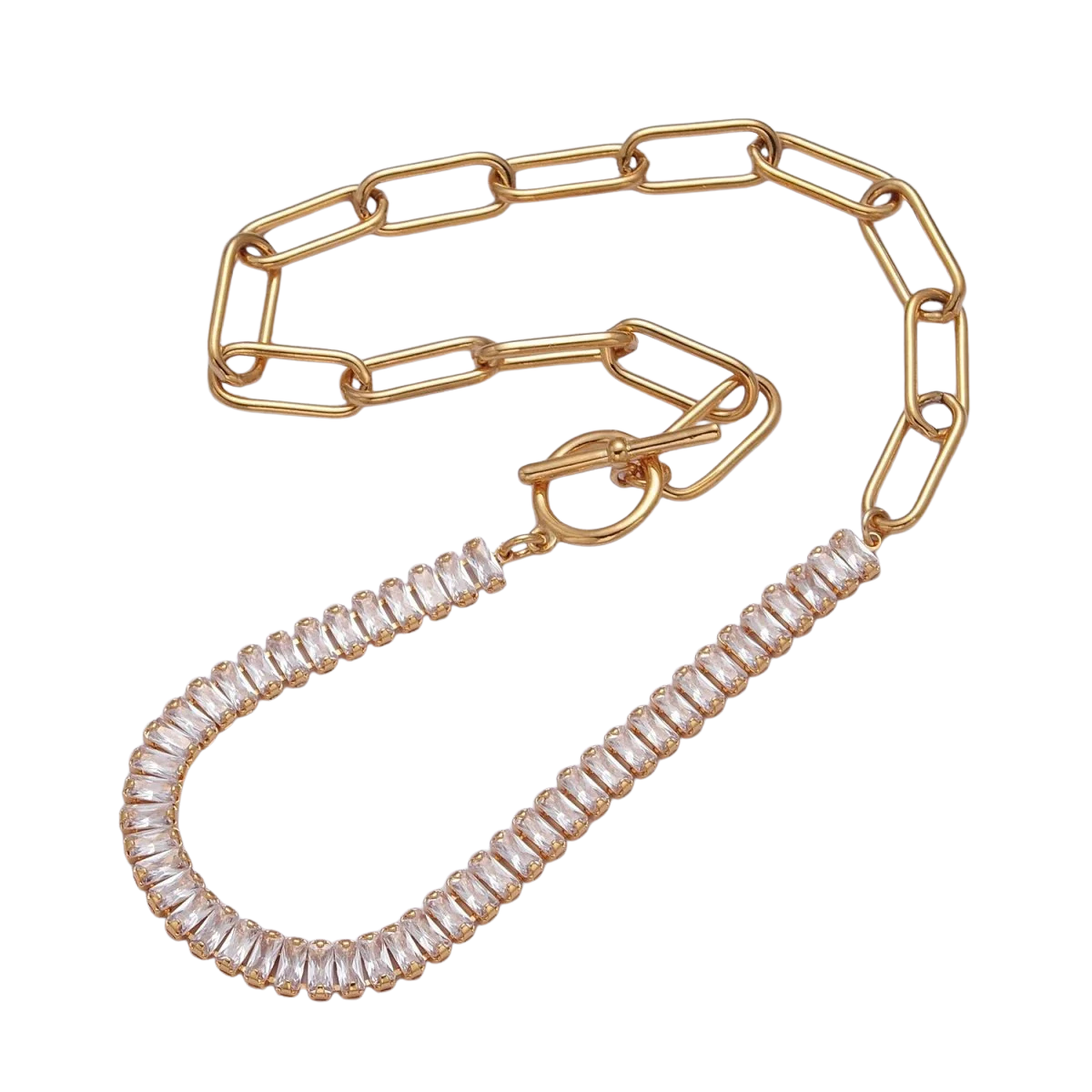 Paper Clip Baguette Half & Half CZ Necklace