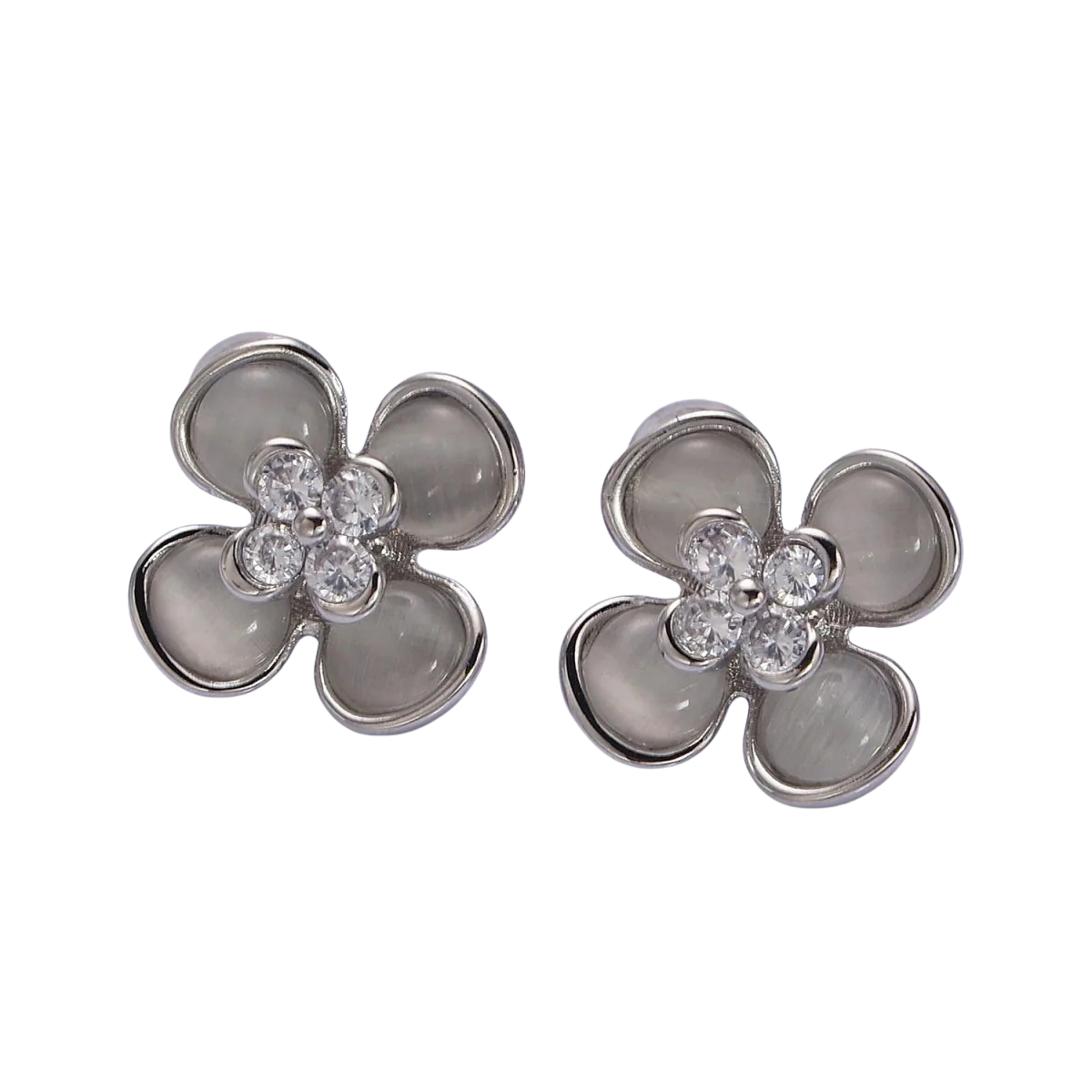 Gold, Silver Flower Cats Eye Gemstone Micro Paved CZ Stud Earrings ✦ EA-21AD954