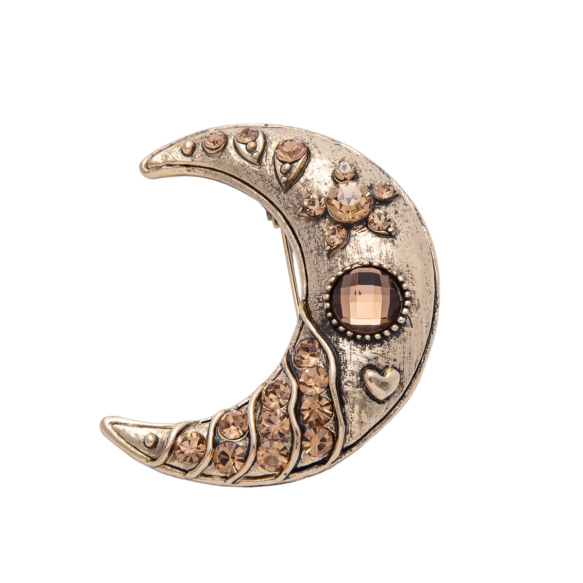 Vintage Gold Crescent Moon Crystal Brooch Pin BH-21BH081