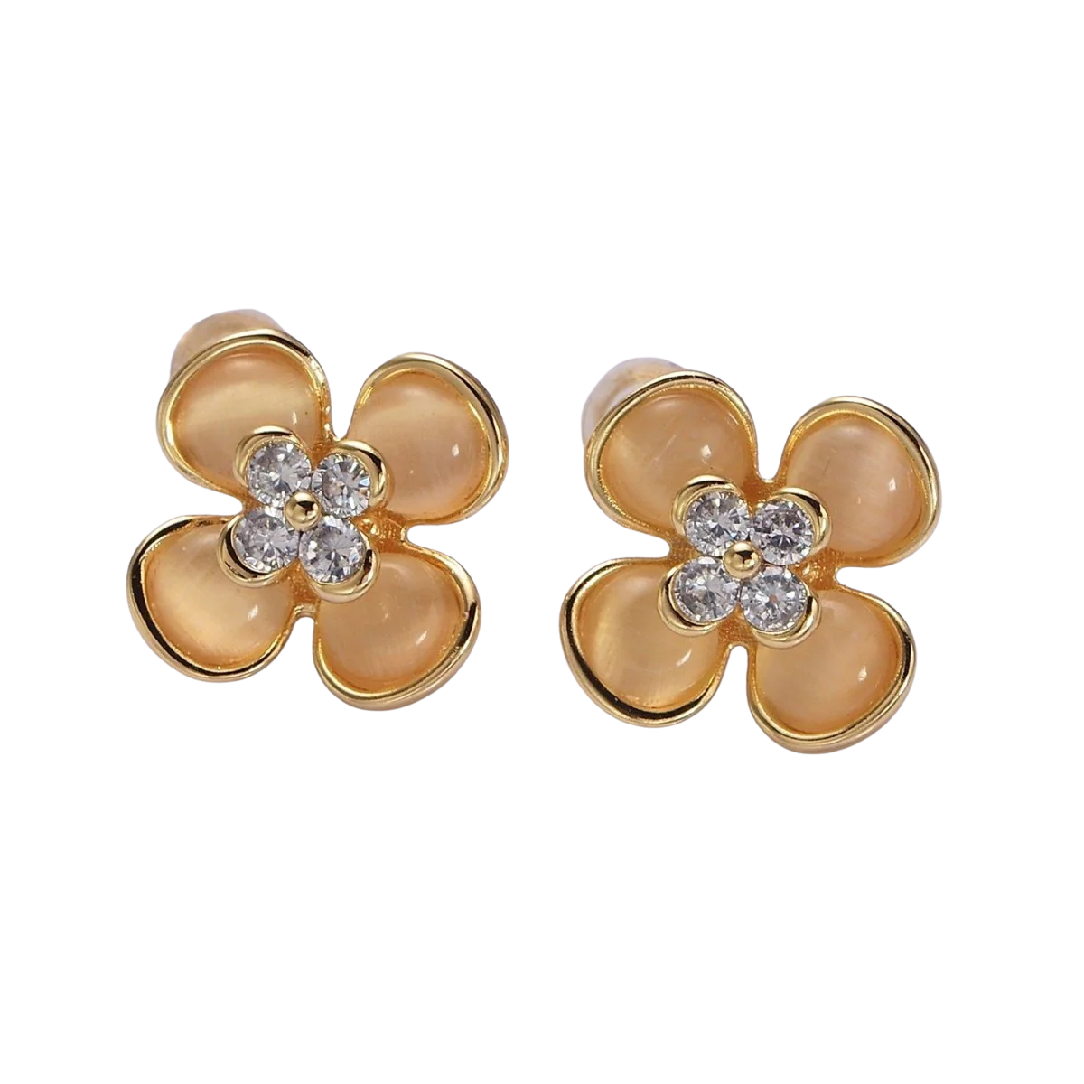 Gold, Silver Flower Cats Eye Gemstone Micro Paved CZ Stud Earrings ✦ EA-21AD954