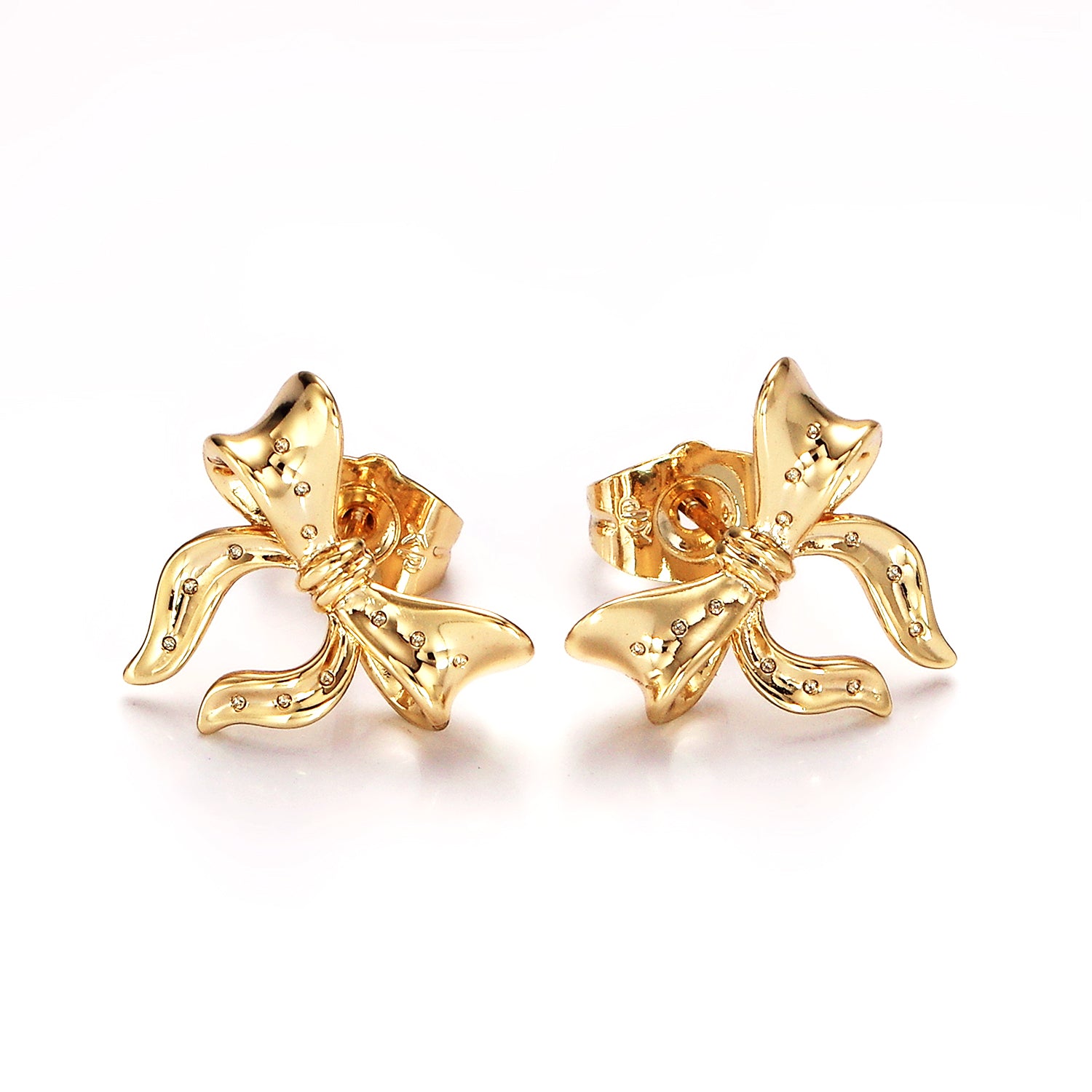 Gold 14mm Coquette Ribbon Bow CZ Minimalist Stud Earrings