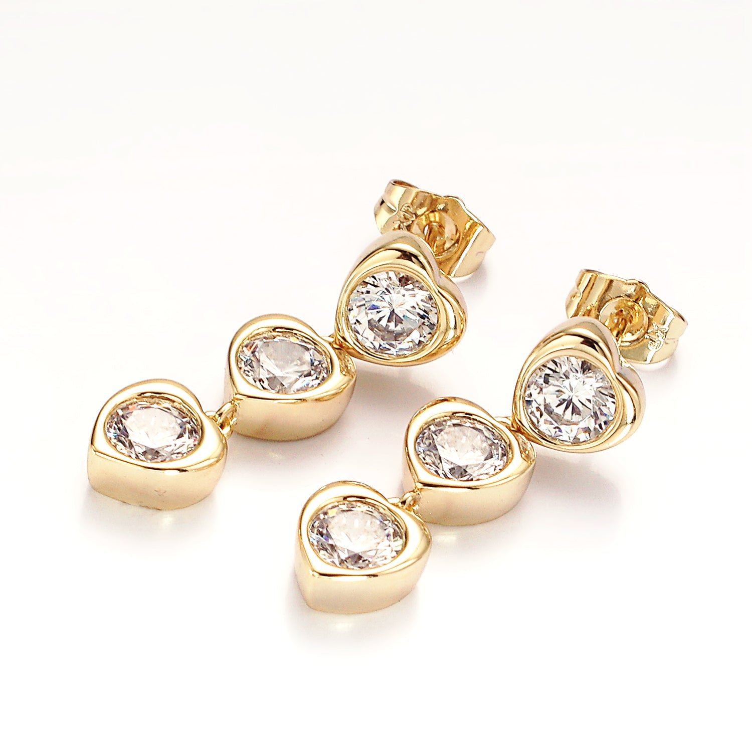 Gold 30mm Triple Clear CZ Heart Bezel Drop Stud Earrings