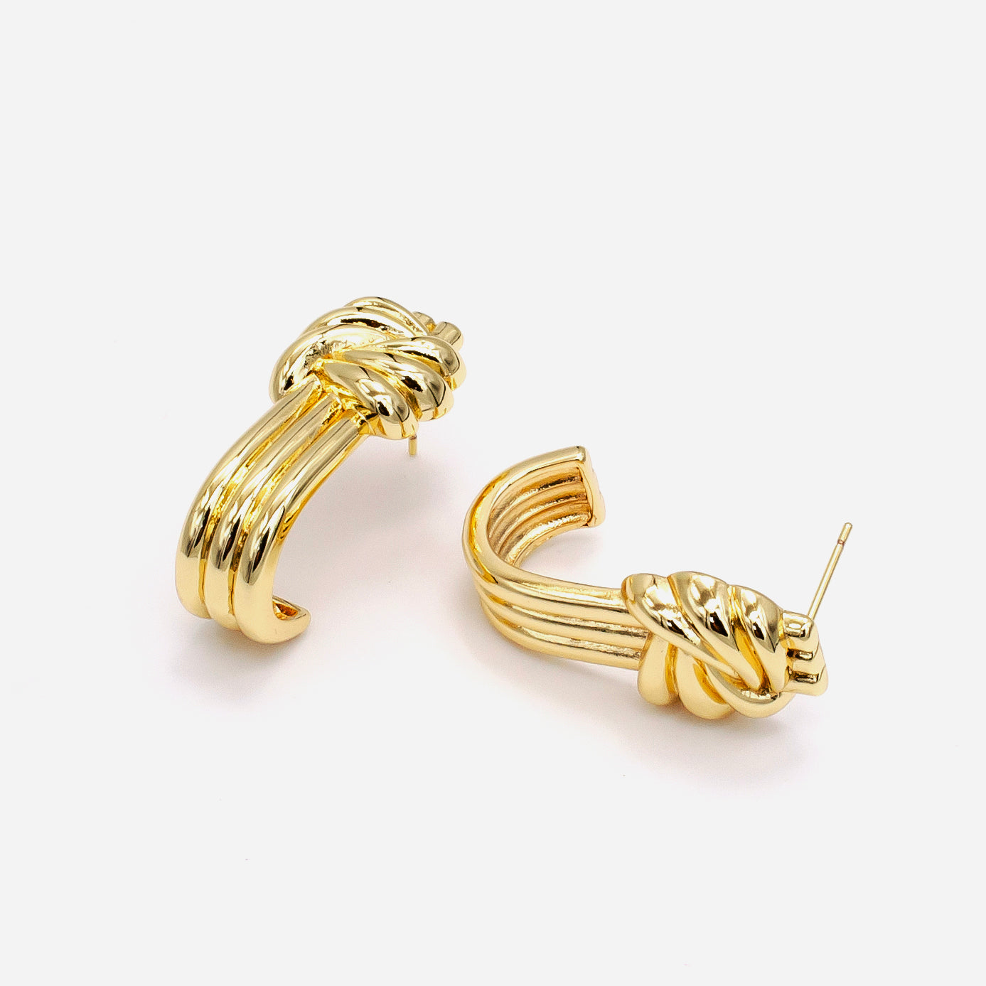 Gold 30mm Knot Tied Triple Band J-Shaped Hoop Earrings