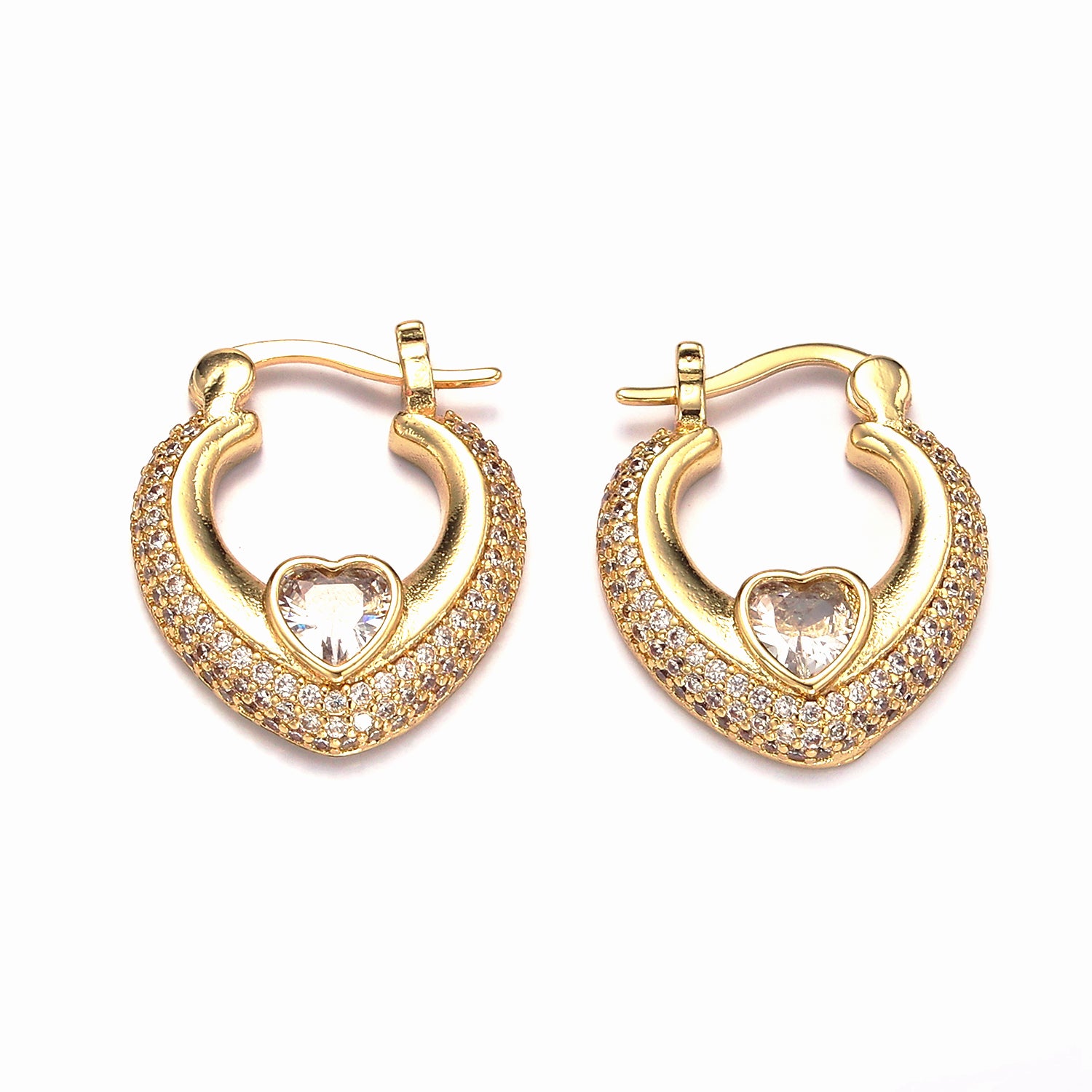 Gold 20mm Heart CZ Micro Paved Latch Hoop Earrings Set
