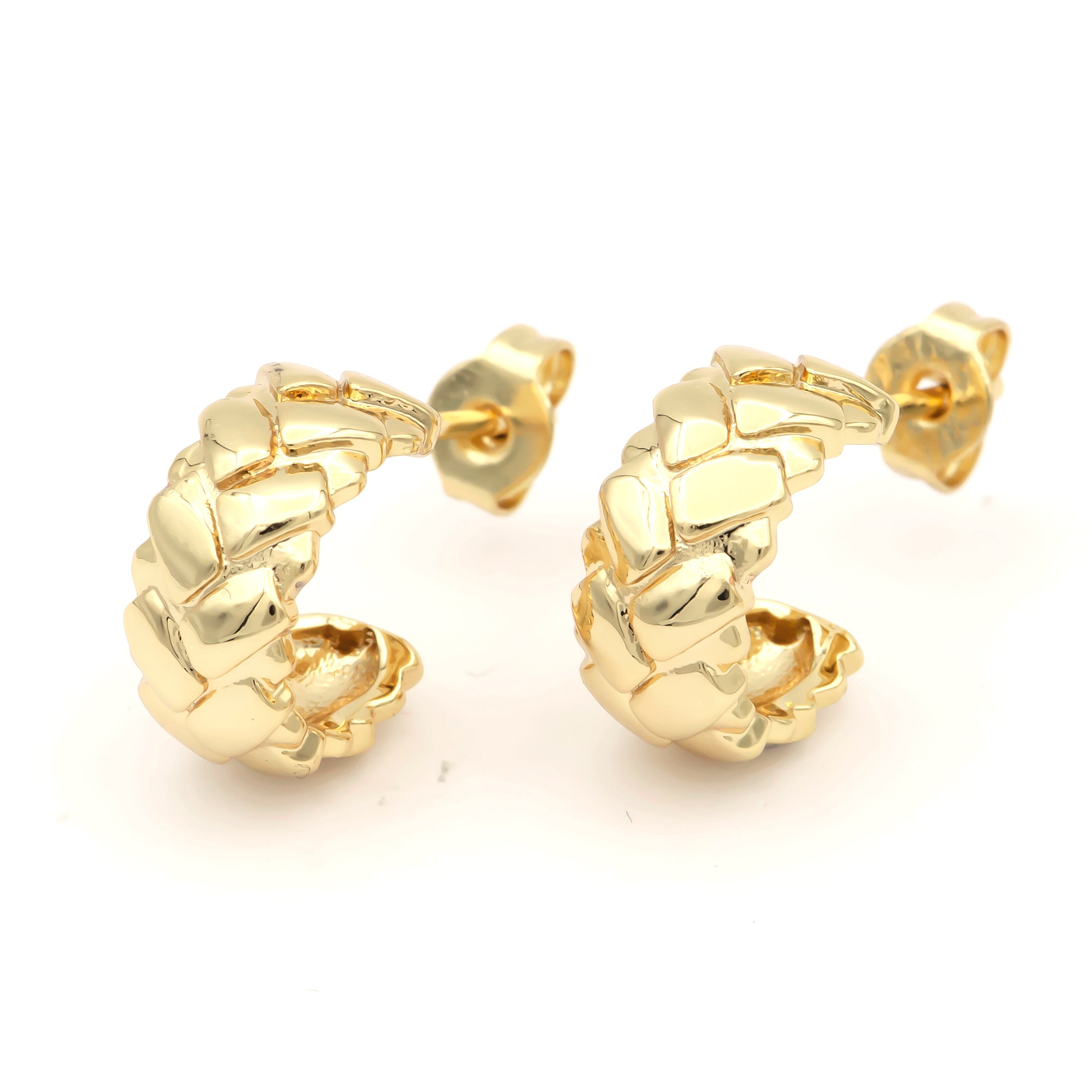 Gold 15mm Geometric Quilted Bar C-Shaped Hoop Earrings