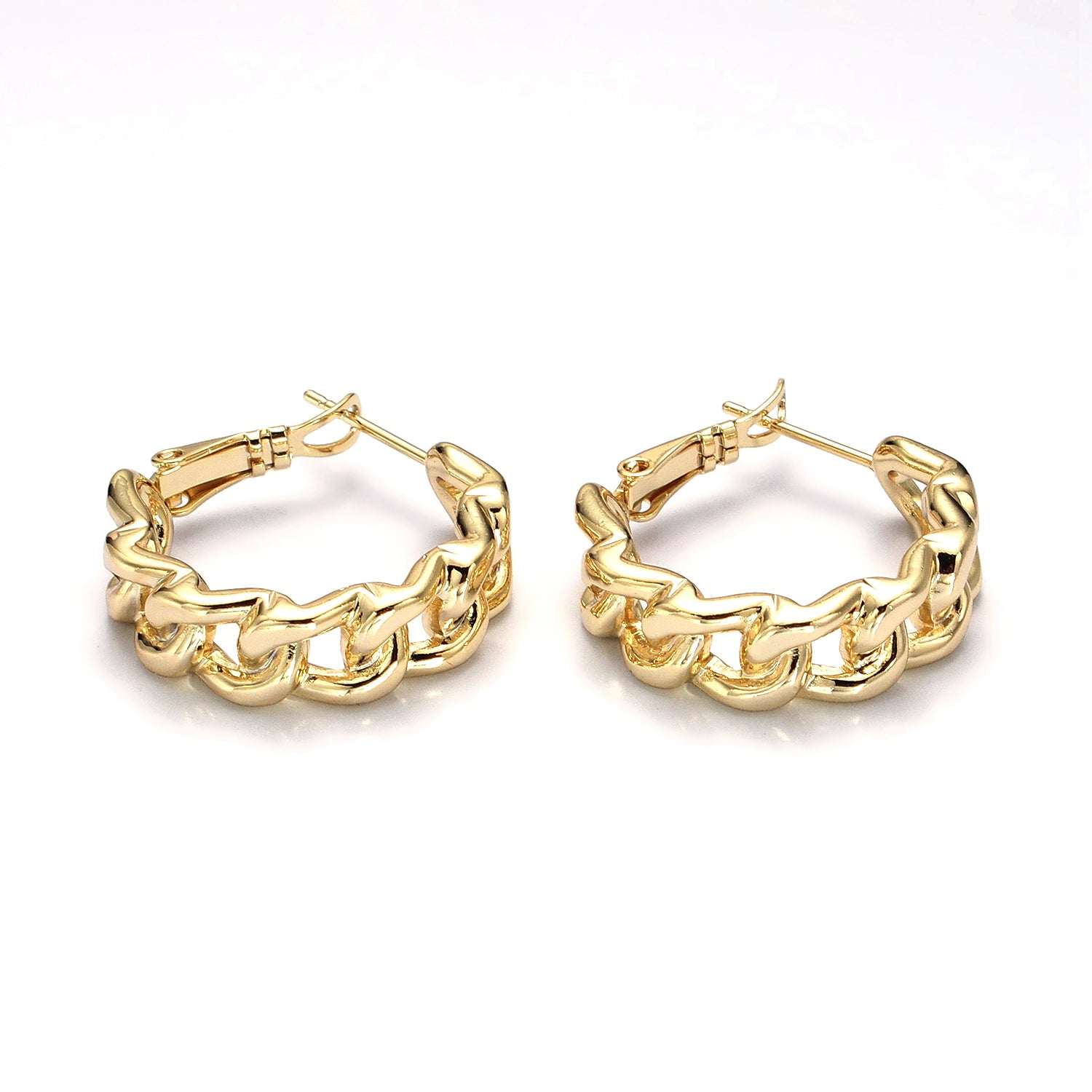 Gold 25mm Flat Curb Link Geometric Hoop Earrings