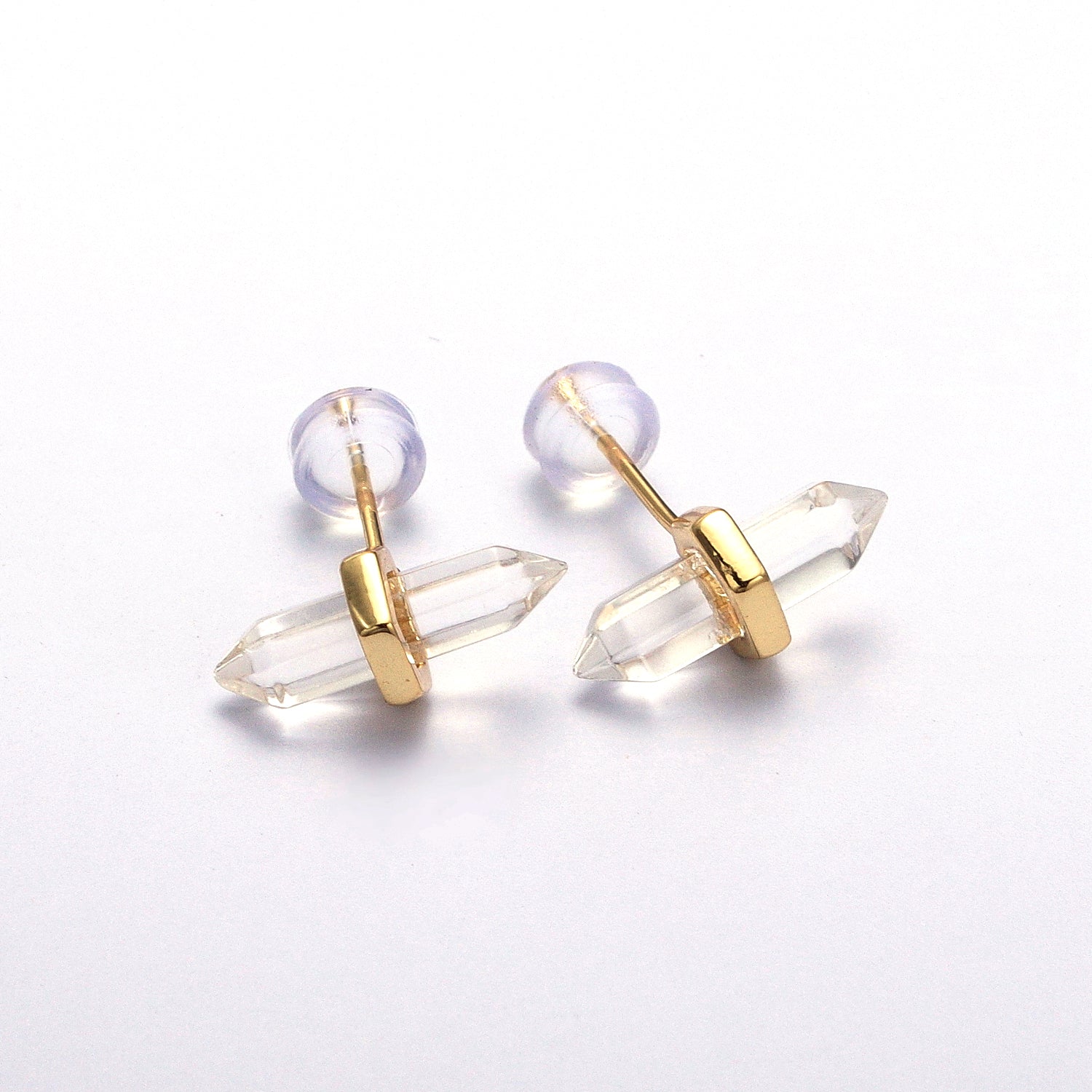 Clear Quartz Pointed Wand Gold Minimalist Stud Earrings