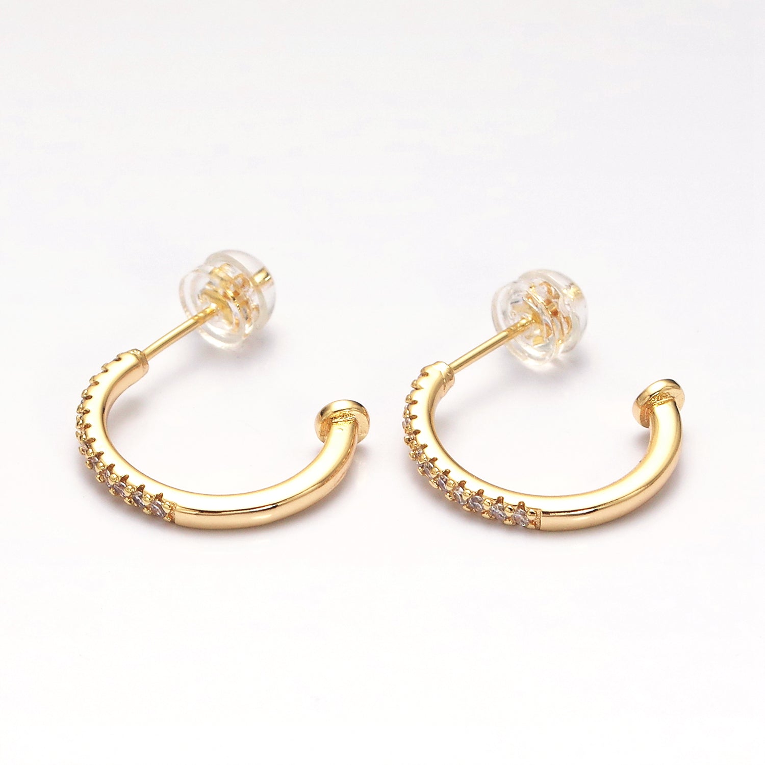 Gold 15mm Half Micro Paved CZ Nail C-Shaped Hoop Earrings in Gold & Silver