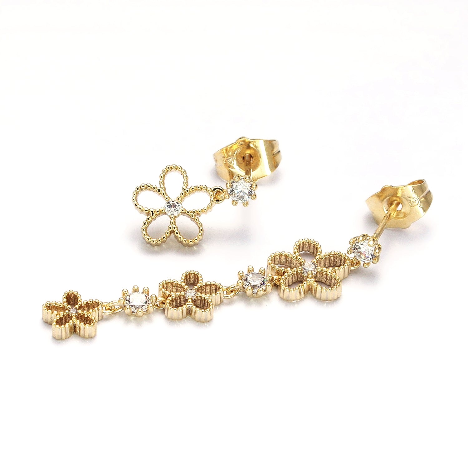 Gold Beaded Flower Clear CZ Linear Drop Stud Earrings Set