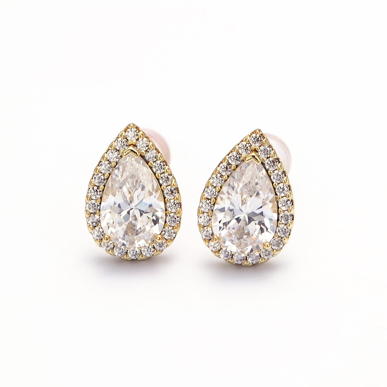 Clear, Green Teardrop Micro Paved CZ Gold Stud Earrings