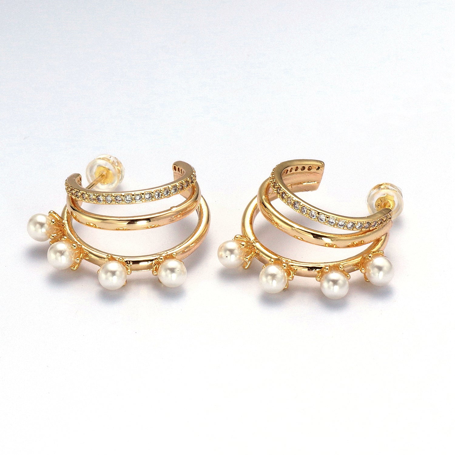 Gold Pearl Micro Paved CZ Triple Band C-Shaped Hoop Earrings