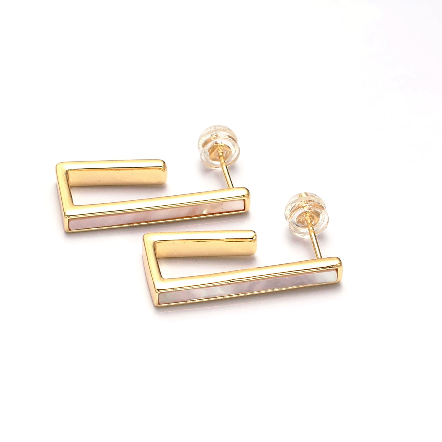 Gold 24.5mm Shell Pearl Lined Boxy J-Shaped Hoop Earrings in Gold & Silver