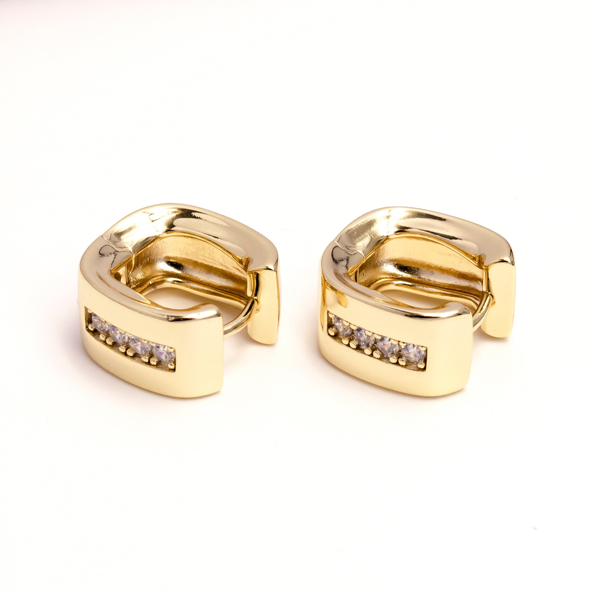 Gold 15mm Clear CZ Lined Curve-Edged Wide Square Huggie Hoop Earrings