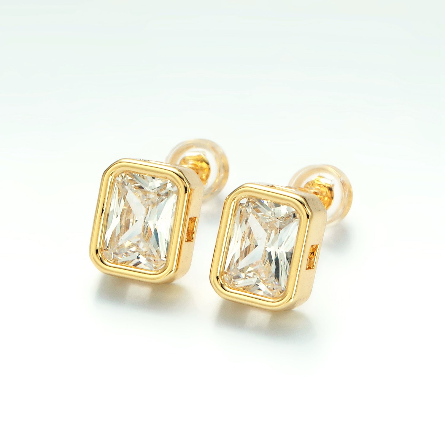 Gold 10mm Clear CZ Baguette Bezel Stud Earrings