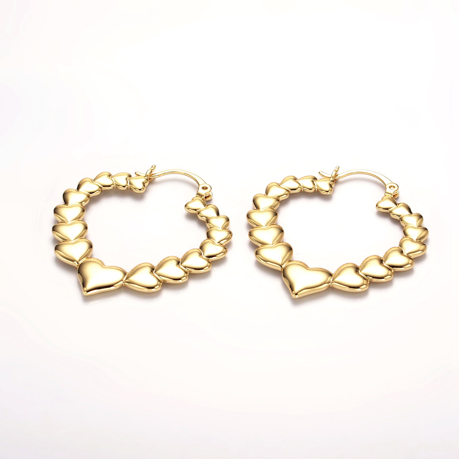 Gold 35mm Puffed Heart Lined French Lock Latch Hoop Earrings