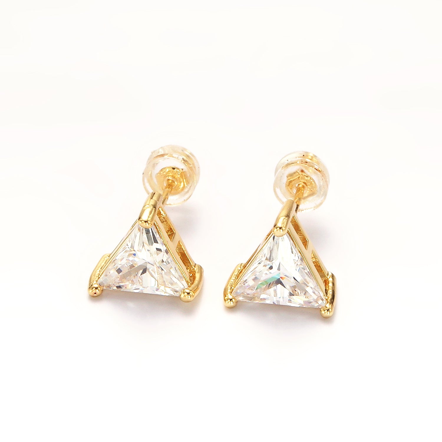 Gold 7.5mm, 9.5mm Clear CZ Triangle Bezel Stud Earrings