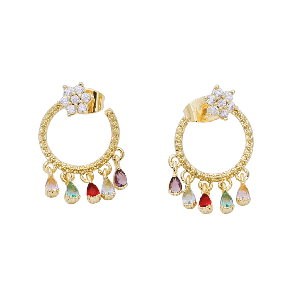 Flower 5 Teardrop Colorful Multicolor & Micro Paved CZ Studs Earrings EA-21AJ103