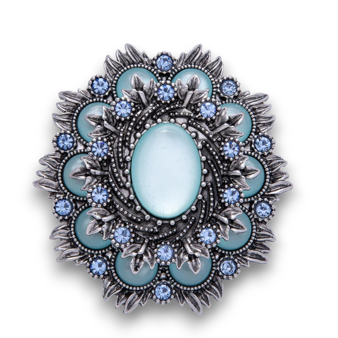 Vintage Antique Silver and Aqua Blue Flower Brooch Crystal Pin