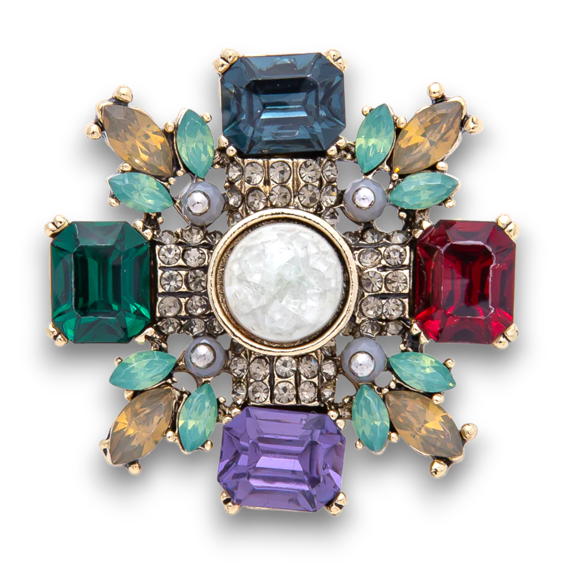 Vintage Antique Gold Multi Color CZ Brooch Pin