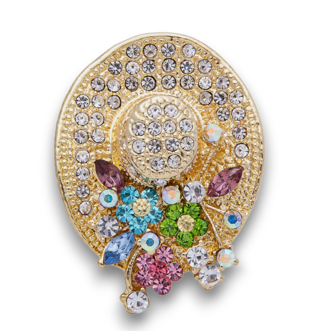 Gold Floral Jubilee Jeweled Brooch Pin with Colorful Crystals