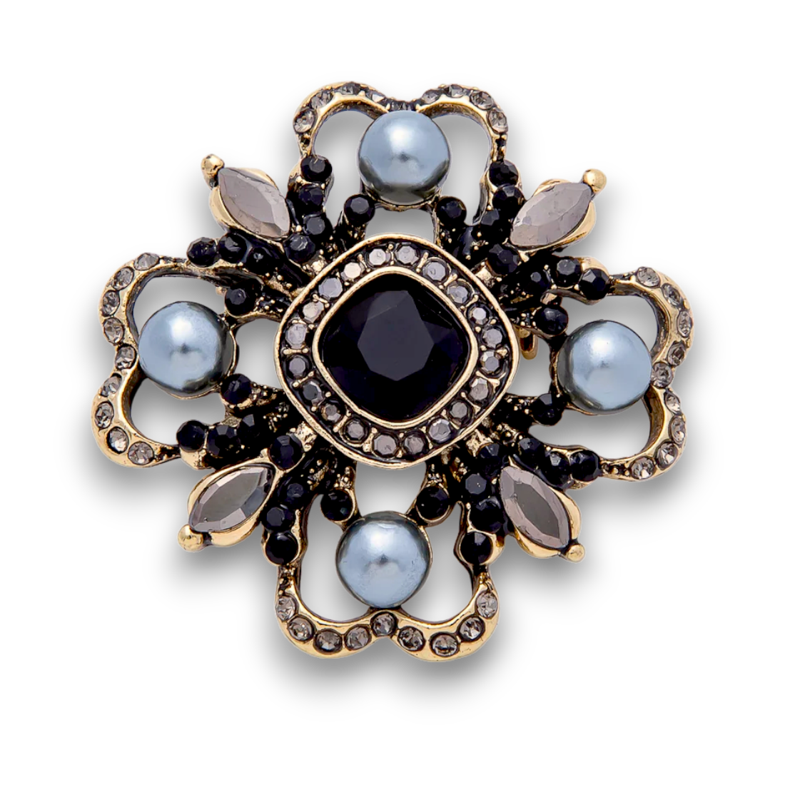 Vintage Antique Gold Flower Gray and Black Crystal Brooch Pin