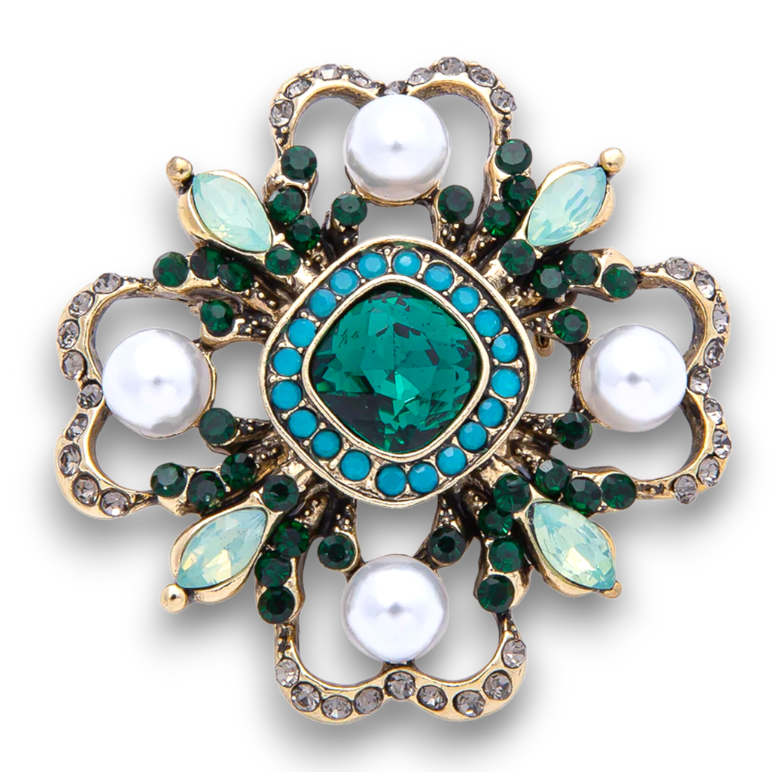 Vintage Antique Gold Flower Green and Turquoise Crystal Brooch Pin