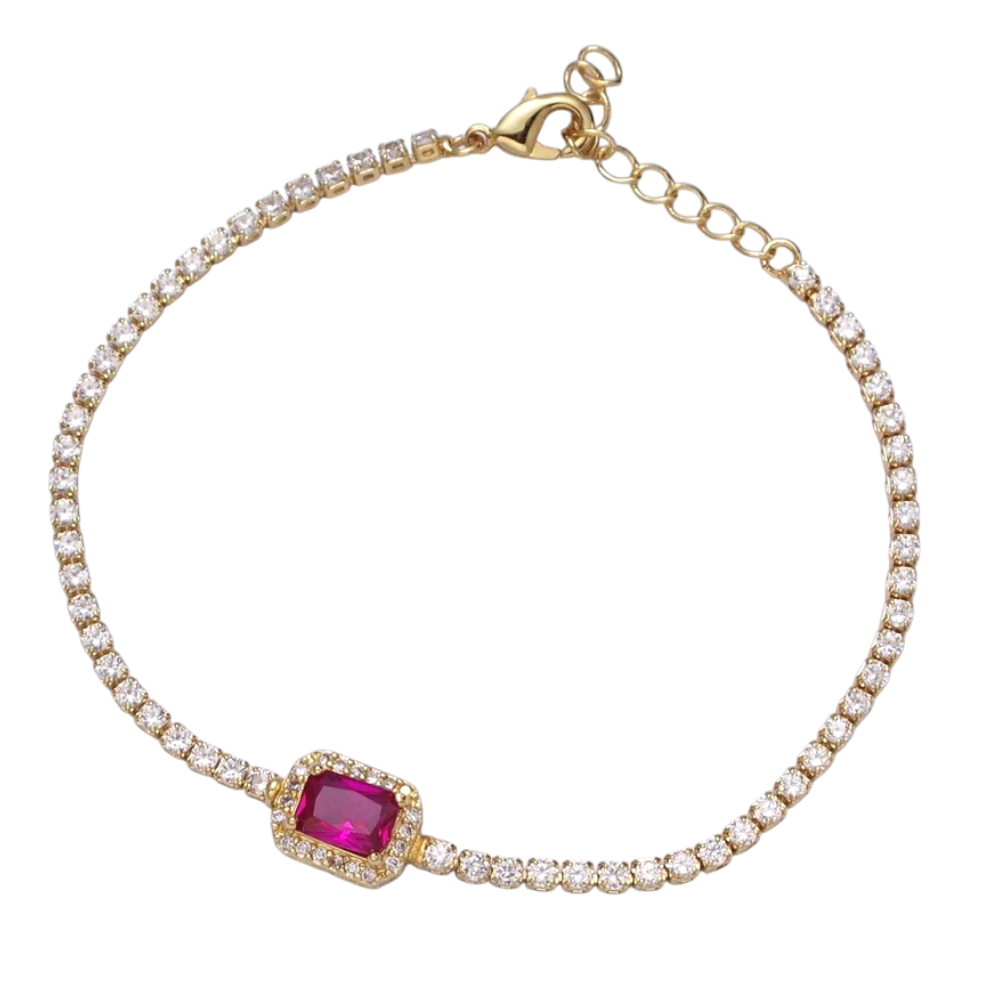 Baguette Tennis Chain CZ Bracelet with magenta gem BR-21WA1293