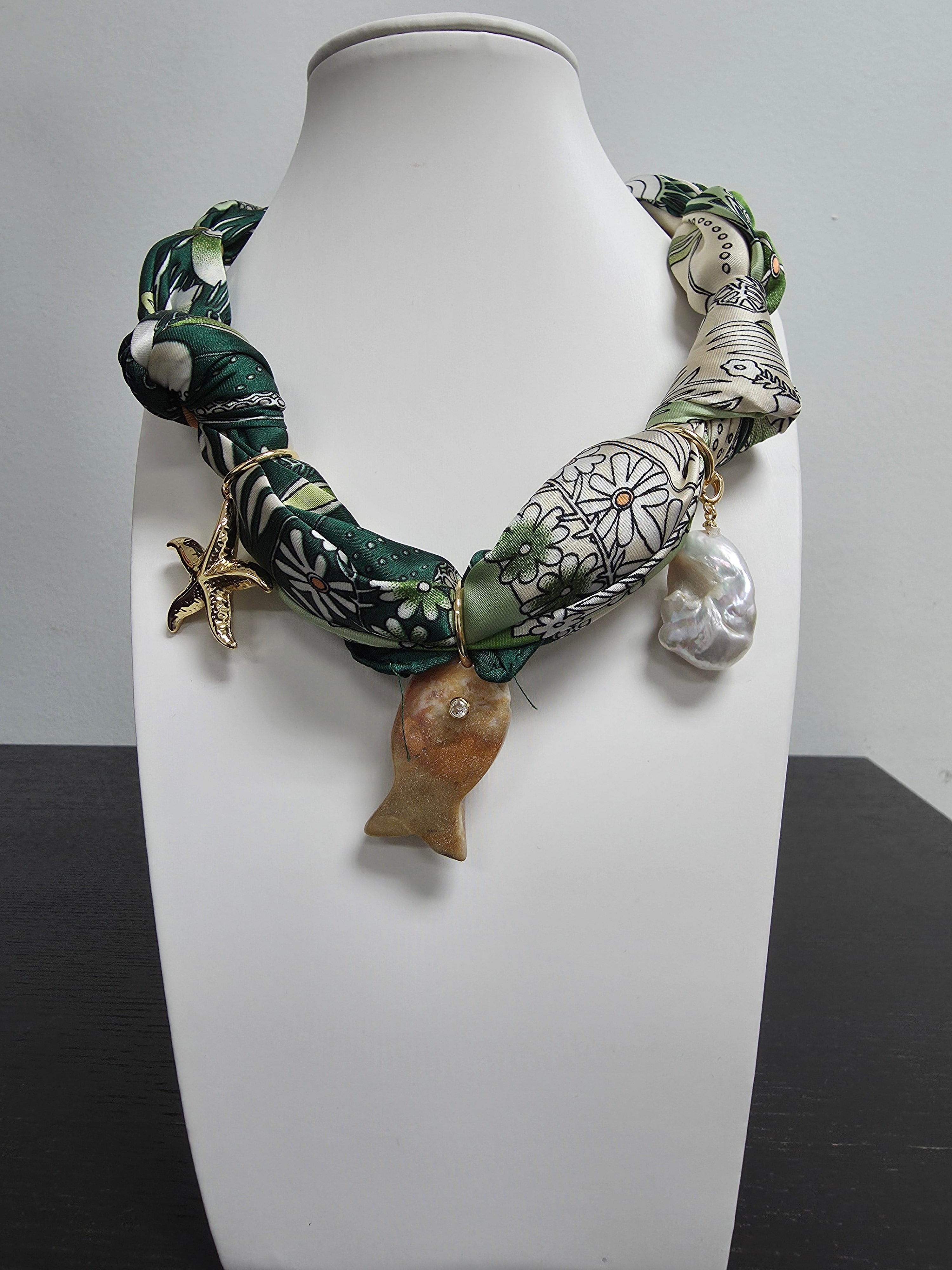 Design Scarf Necklace with Pearl Charm, Gemstone Fish, Gold Sea star CDESIGN-00463