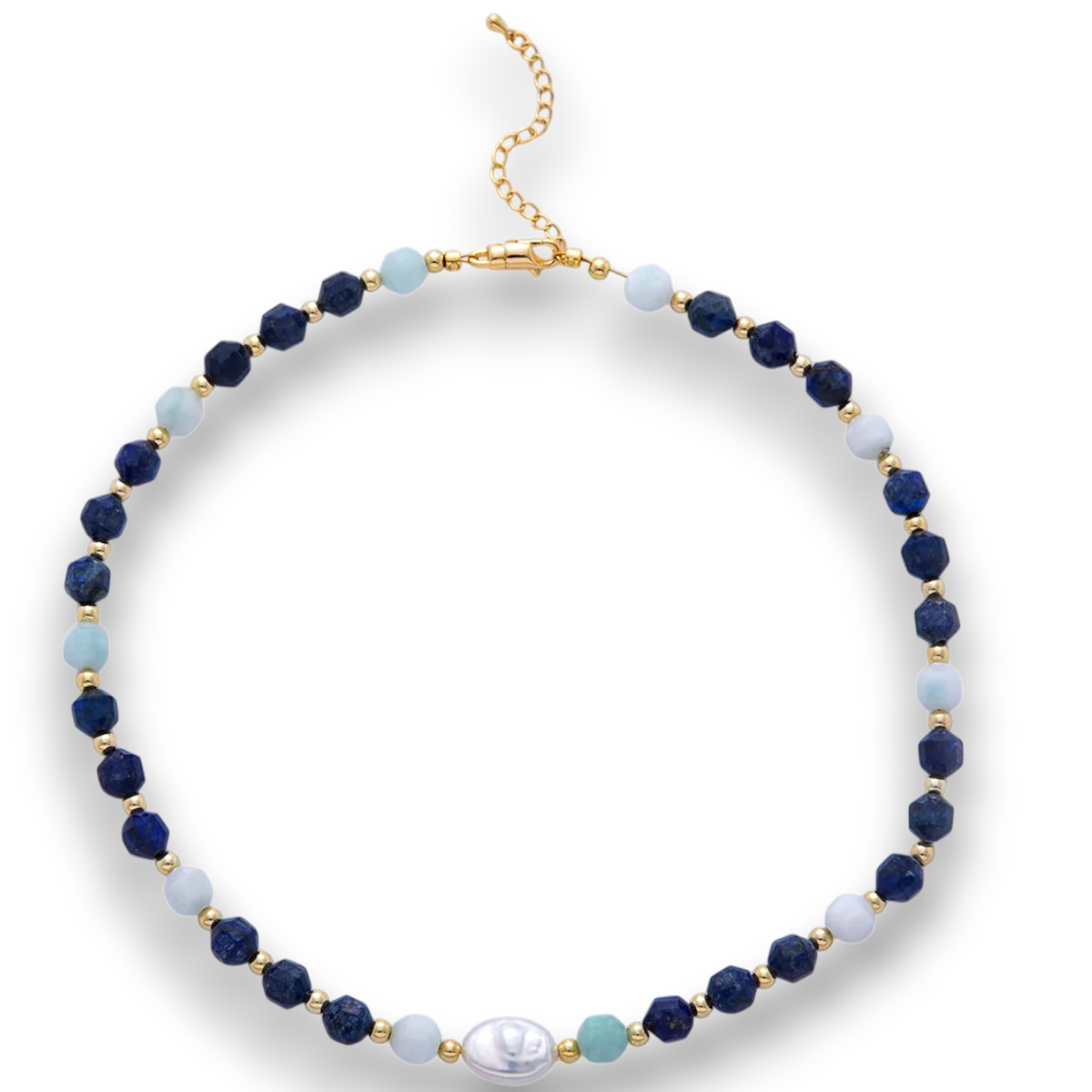 Freshwater Pearl Aquamarine Lapis Lazuli Multifaceted Gemstone Necklace CN-21WA3178