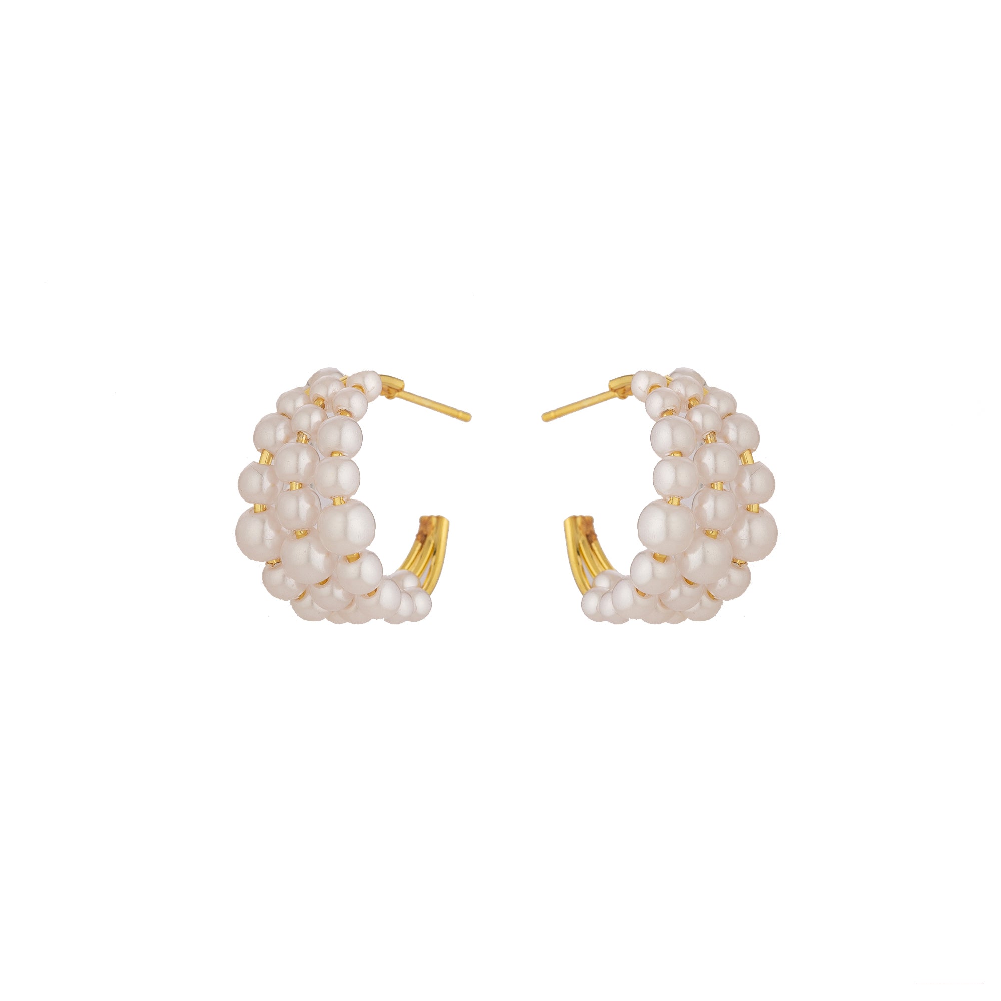 Dainty Gold White Beaded Triple Hoop Earring-00356