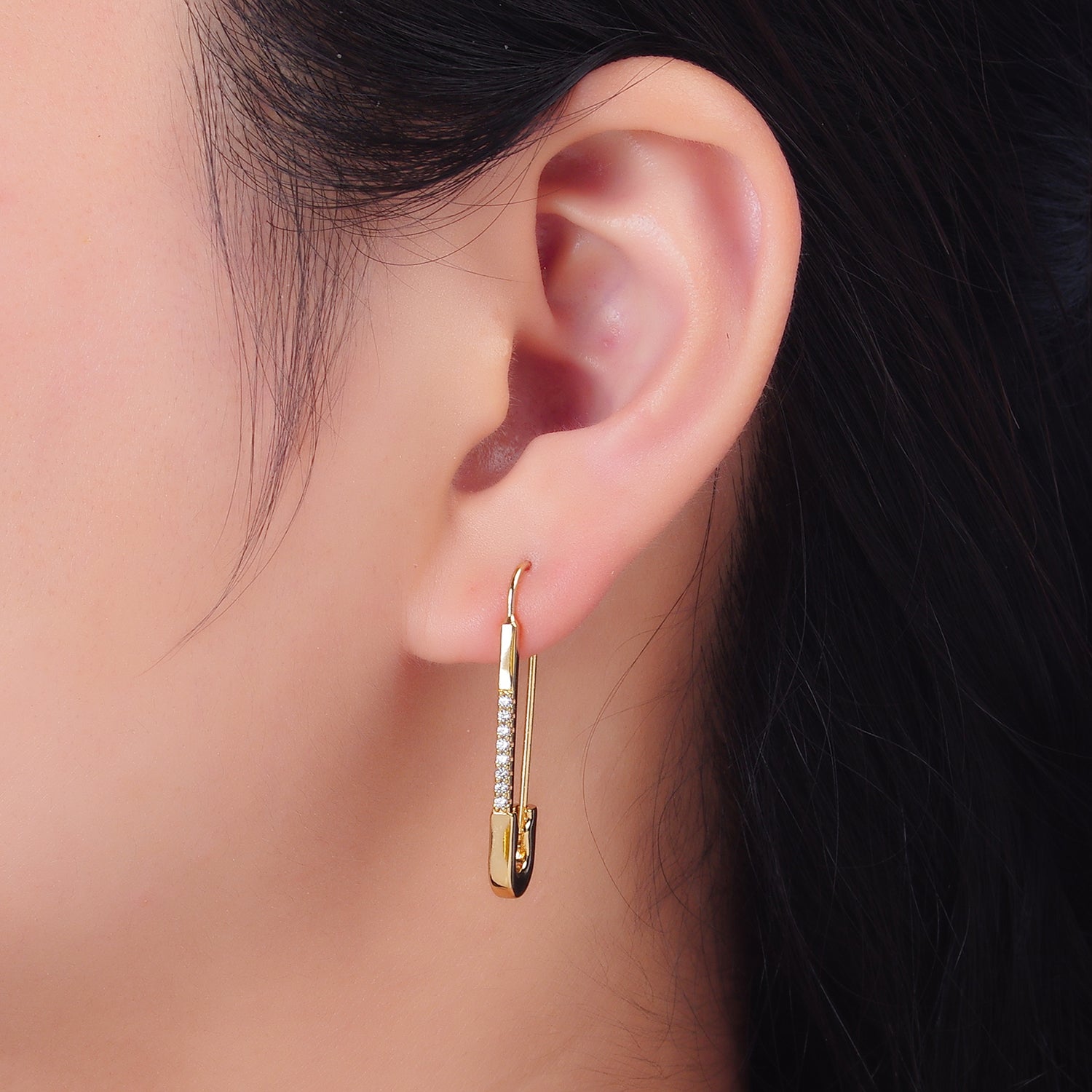 Gold Classic Gold CZ Saftey Pin Hook Earring-00171