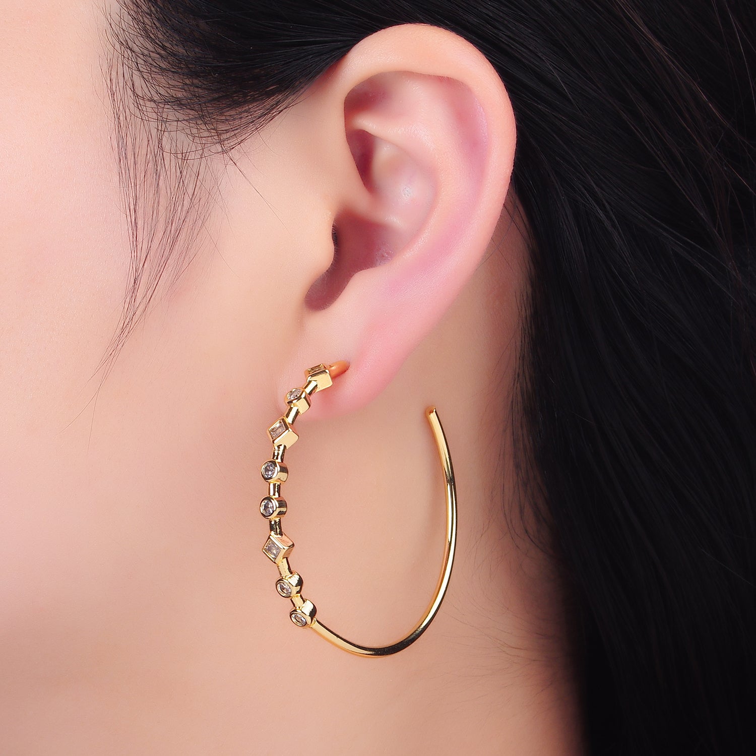 Gold Minimalist Gold CZ Geometric Hoops Earring-00179