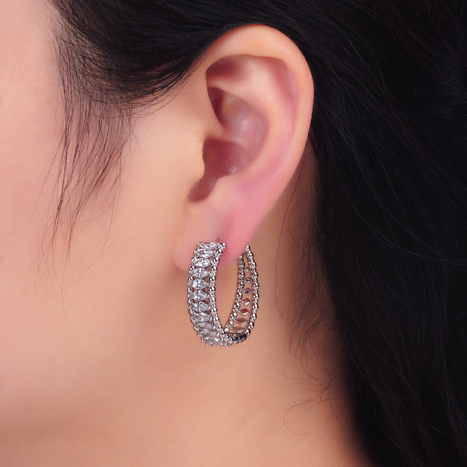 Silver Classic Rhodium CZ Marquise Huggies Earring-00149