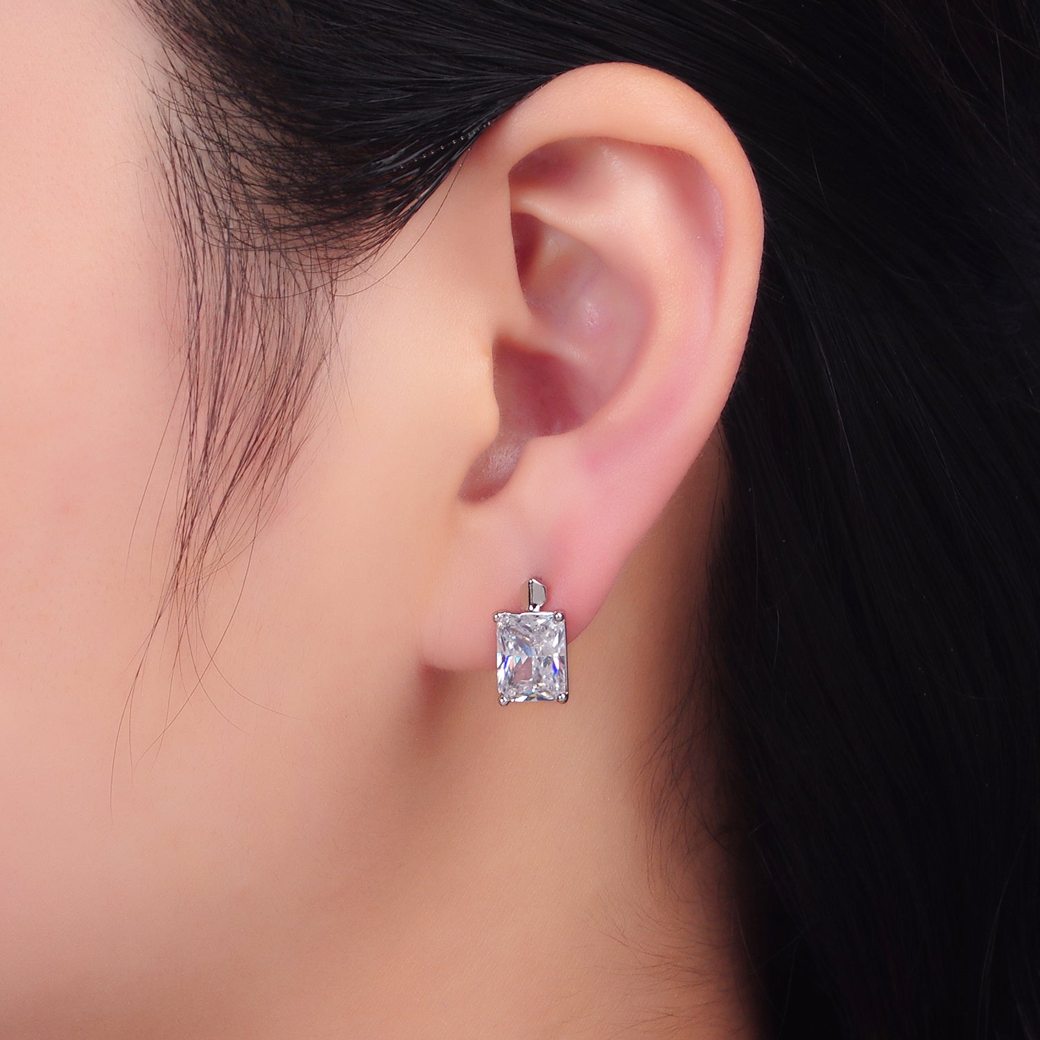 Silver Classic Rhodium CZ Emerald Cut Huggies Earring-00151