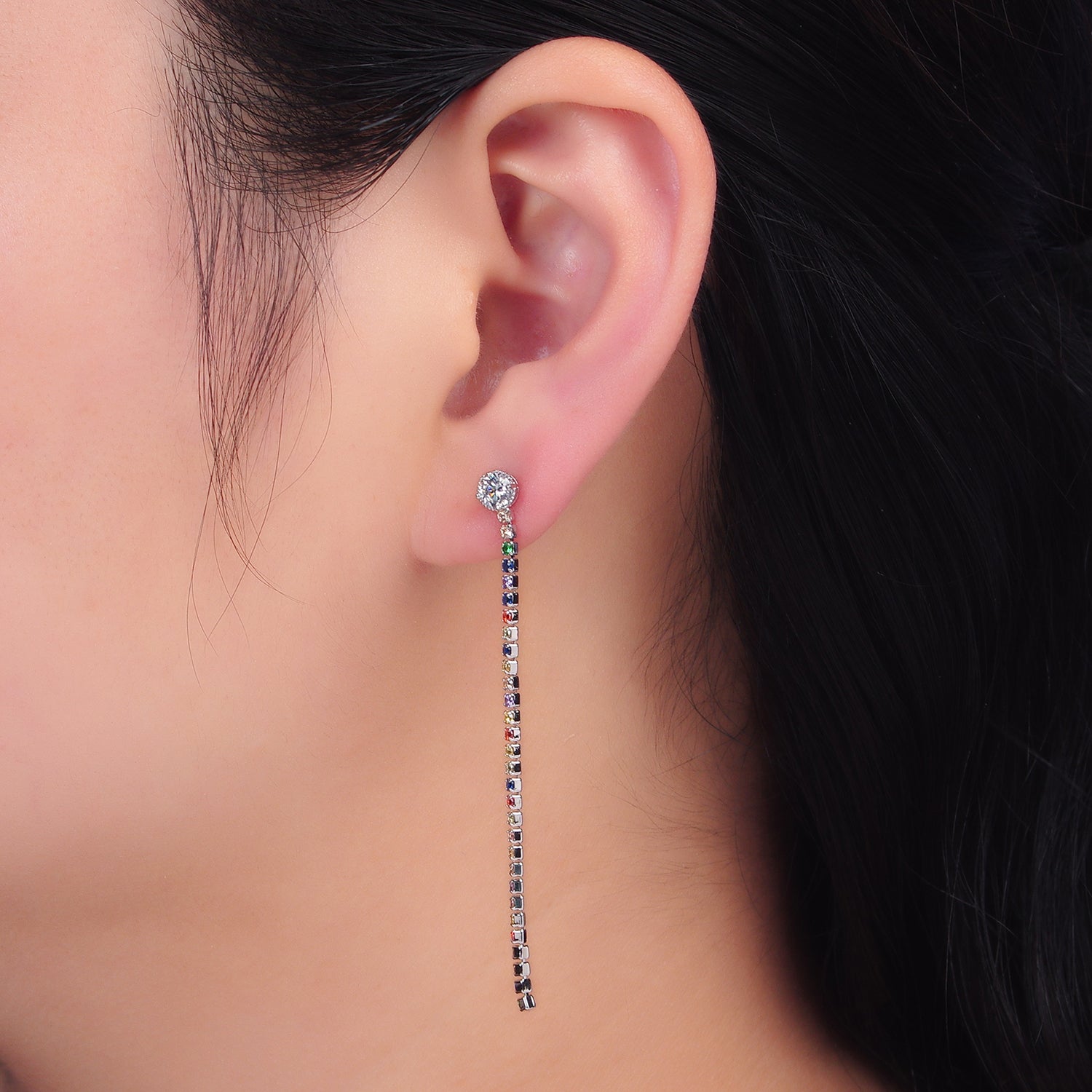 Silver Dainty Rhodium CZ Stones Dangling Earring-00134