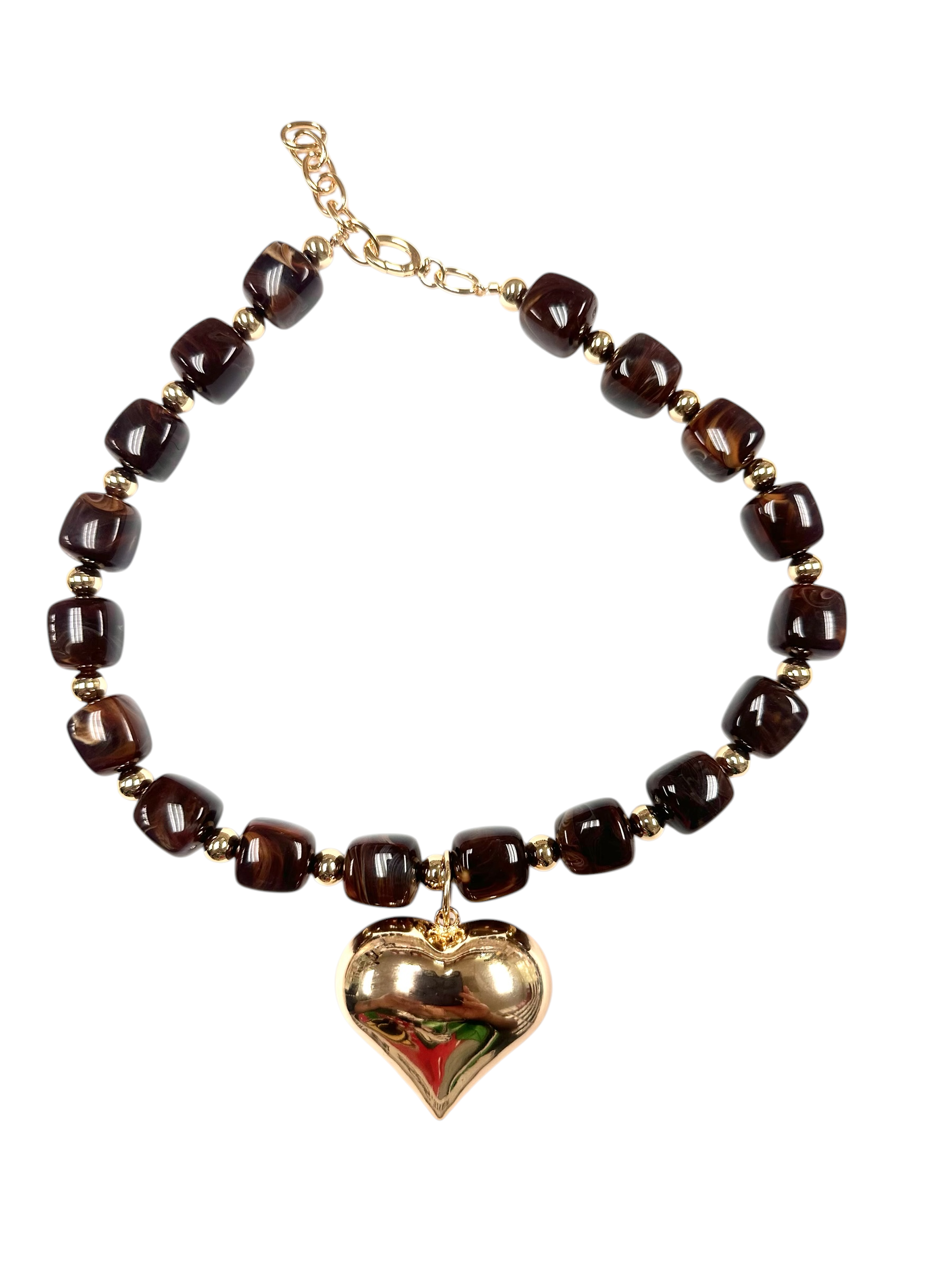 Chunky resin beaded necklace with big gold heart pendant ✦ NC-SJ2029 to NC-SJ2035