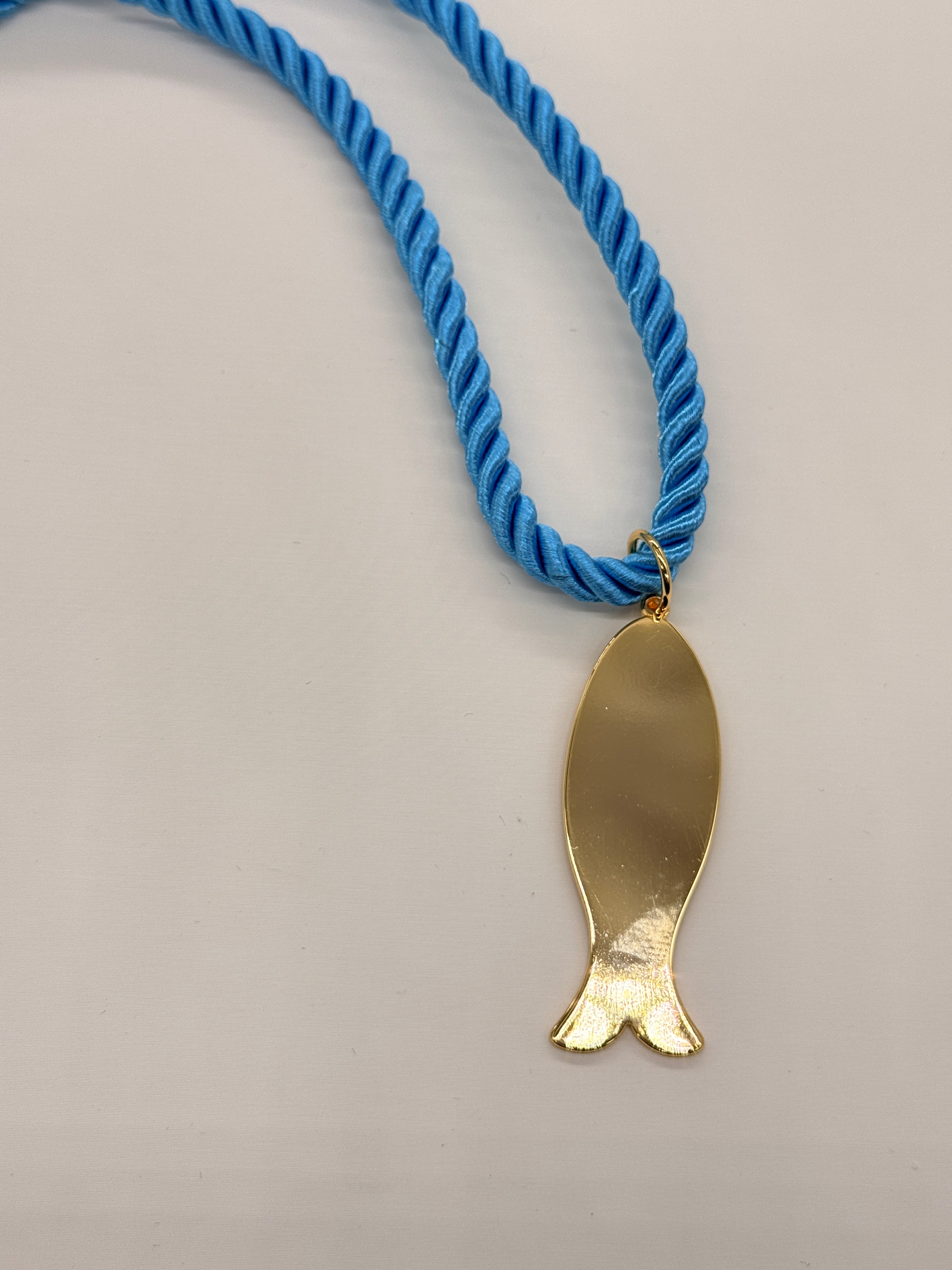 HANDMADE SUMMER BLUE TWISTED CORD ADJUSTABLE Gold FISH NECKLACE BEACH ALL SEASON