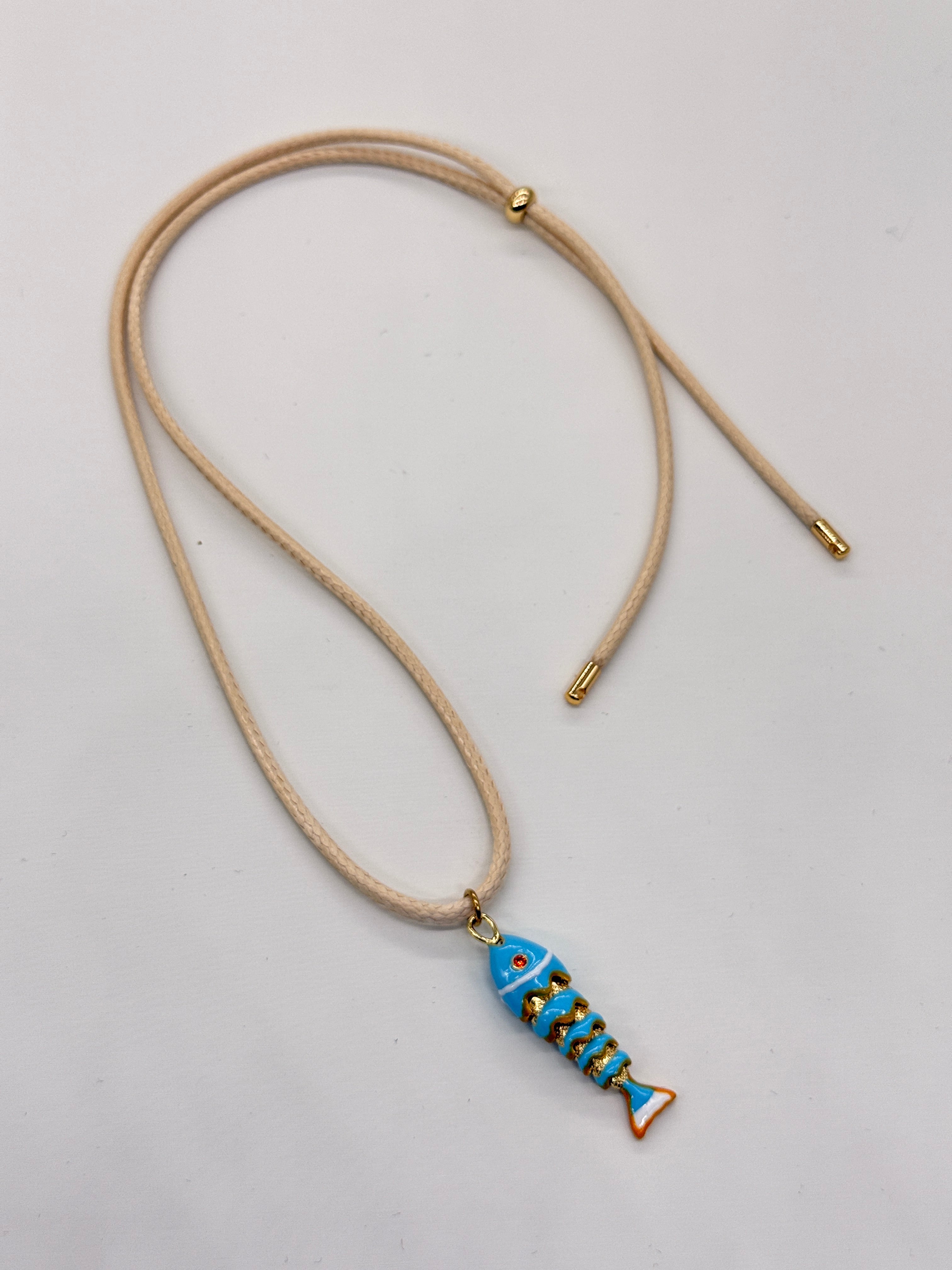 HANDMADE SUMMER BEIGE CORD ADJUSTABLE GOLD PLATED BLUE FISH NECKLACE BEACH ALL SEASON