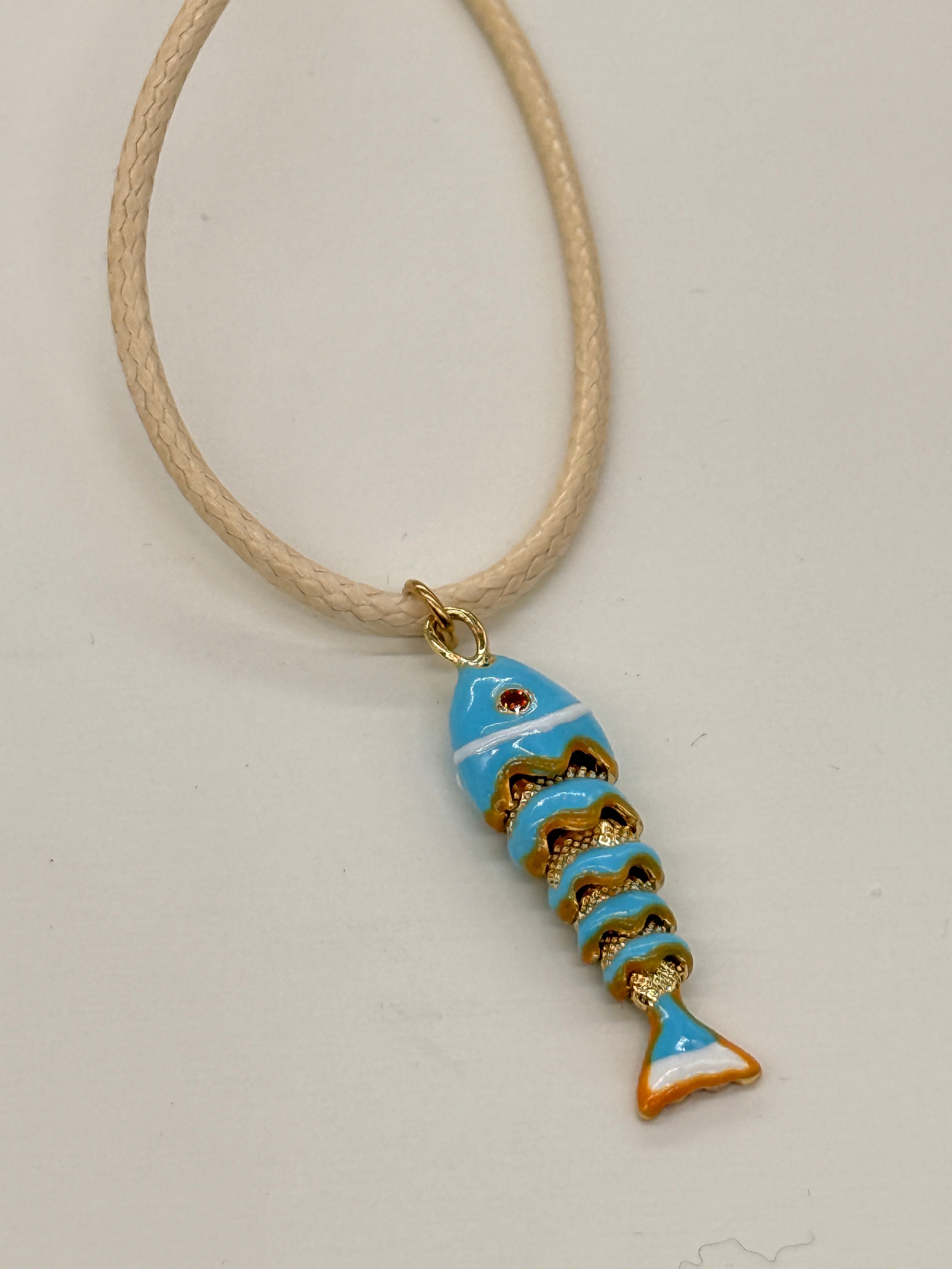 HANDMADE SUMMER BEIGE CORD ADJUSTABLE GOLD PLATED BLUE FISH NECKLACE BEACH ALL SEASON
