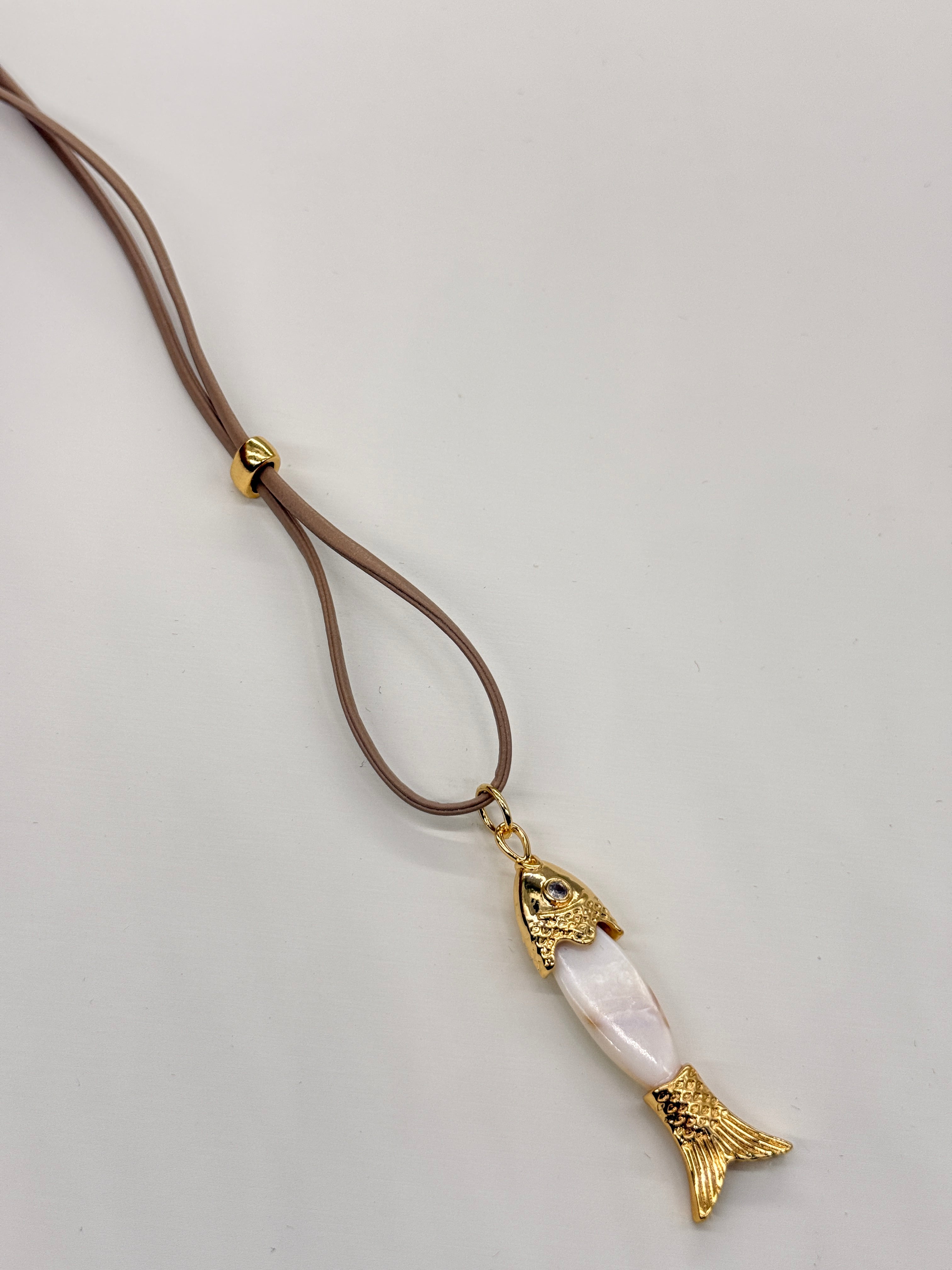 LEATHER BEIGE HANDMADE ADJUSTABLE CORD NECKLACE WITH PEARL FISH CHARM